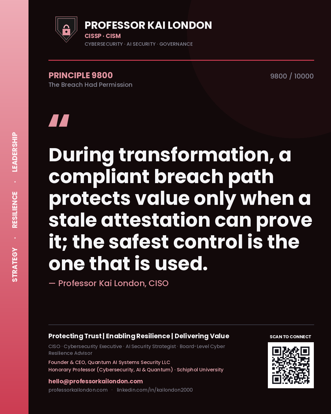 Quote card by Professor Kai London reading 'During transformation, a compliant breach path protects value only when a stale attestation can prove it; the safest control is the one that is used.'. From the book The Breach Had Permission.
