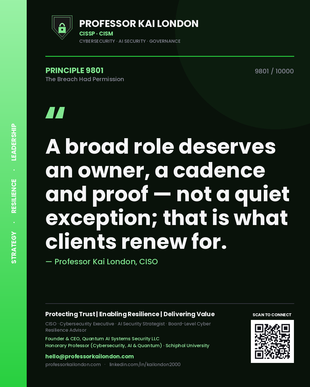 Quote card by Professor Kai London reading 'A broad role deserves an owner, a cadence and proof — not a quiet exception; that is what clients renew for.'. From the book The Breach Had Permission.