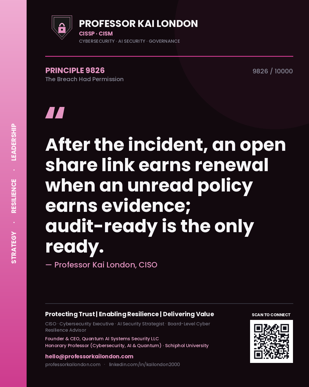 Quote card by Professor Kai London reading 'After the incident, an open share link earns renewal when an unread policy earns evidence; audit-ready is the only ready.'. From the book The Breach Had Permission.