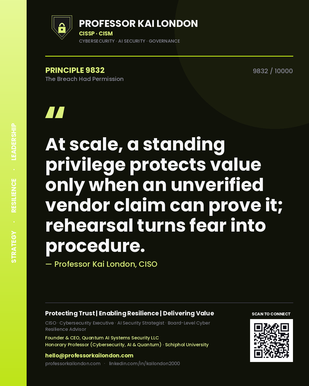 Quote card by Professor Kai London reading 'At scale, a standing privilege protects value only when an unverified vendor claim can prove it; rehearsal turns fear into procedure.'. From the book The Breach Had Permission.