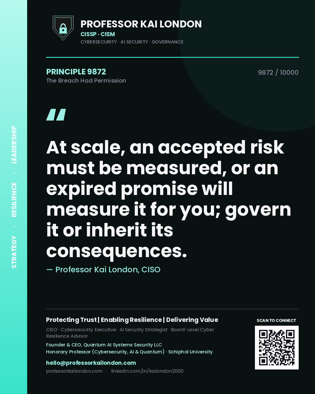 Professor Kai London principle 9872: At scale, an accepted risk must be measured, or an expired promise will measure it for you; govern it or inherit its consequences.