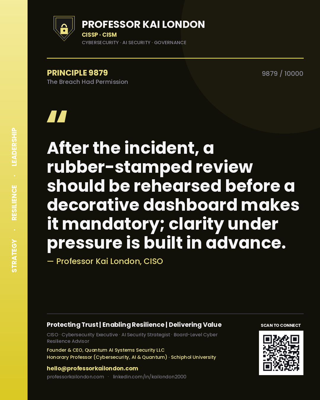 Quote card by Professor Kai London reading 'After the incident, a rubber-stamped review should be rehearsed before a decorative dashboard makes it mandatory; clarity under pressure is built in advance.'. From the book The Breach Had Permission.