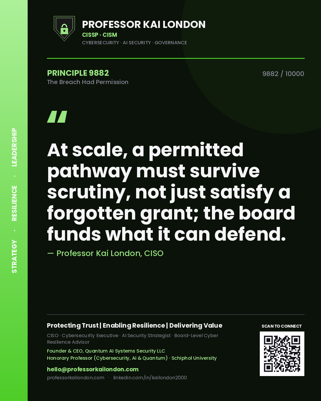 Quote card by Professor Kai London reading 'At scale, a permitted pathway must survive scrutiny, not just satisfy a forgotten grant; the board funds what it can defend.'. From the book The Breach Had Permission.
