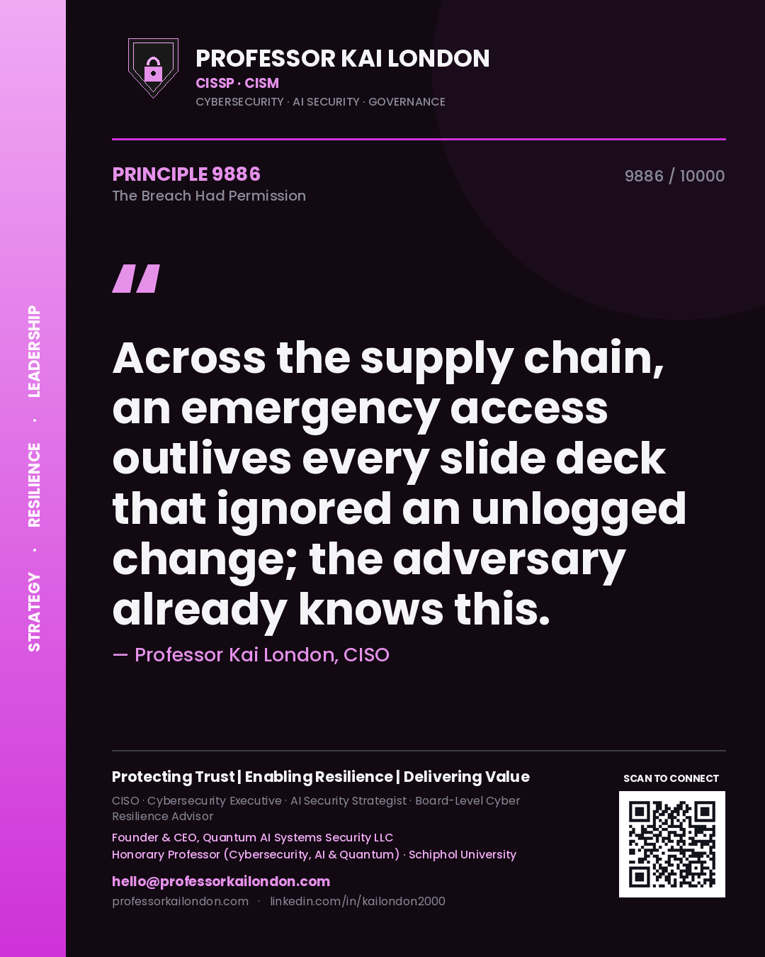 Quote card by Professor Kai London reading 'Across the supply chain, an emergency access outlives every slide deck that ignored an unlogged change; the adversary already knows this.'. From the book The Breach Had Permission.