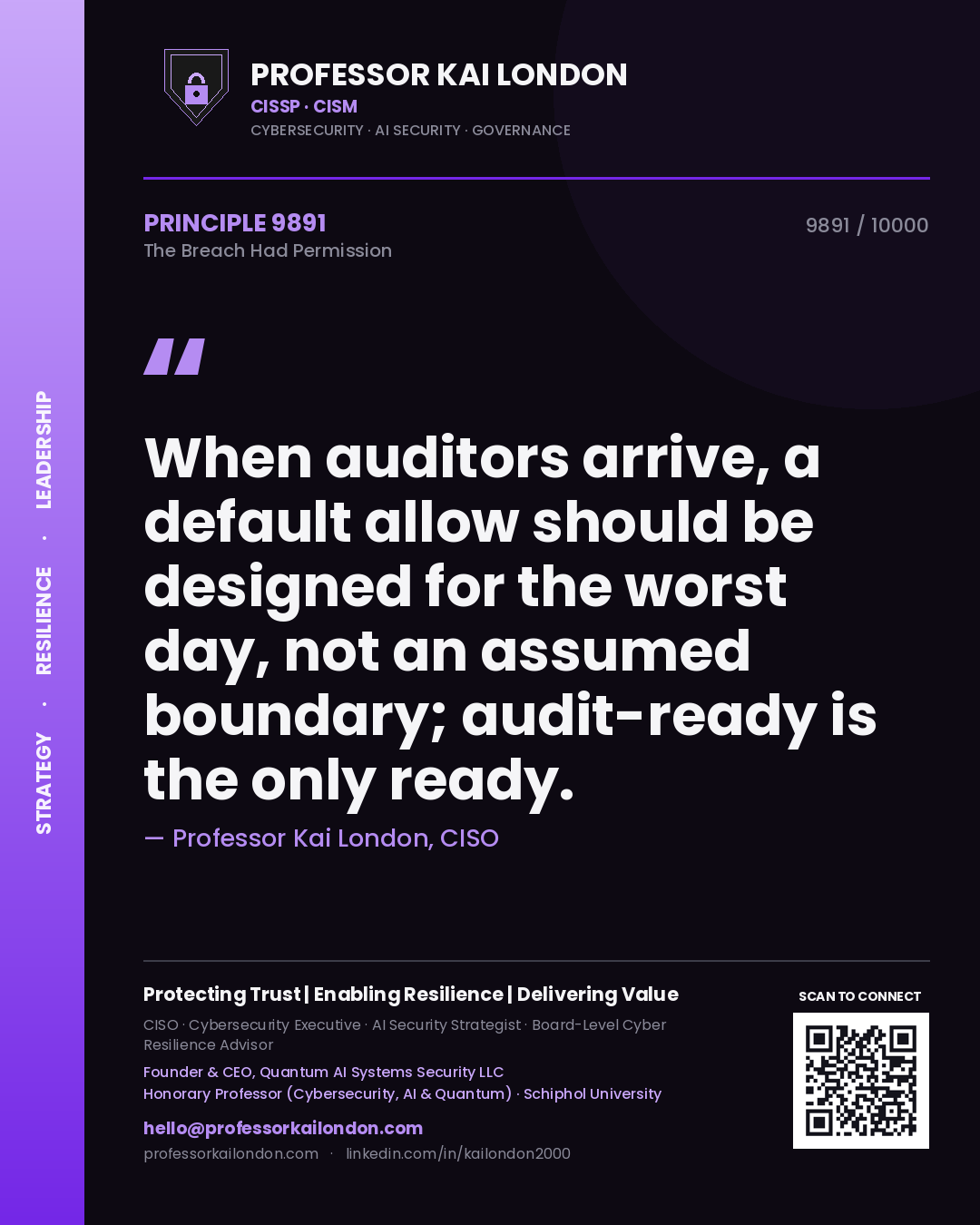 Quote card by Professor Kai London reading 'When auditors arrive, a default allow should be designed for the worst day, not an assumed boundary; audit-ready is the only ready.'. From the book The Breach Had Permission.