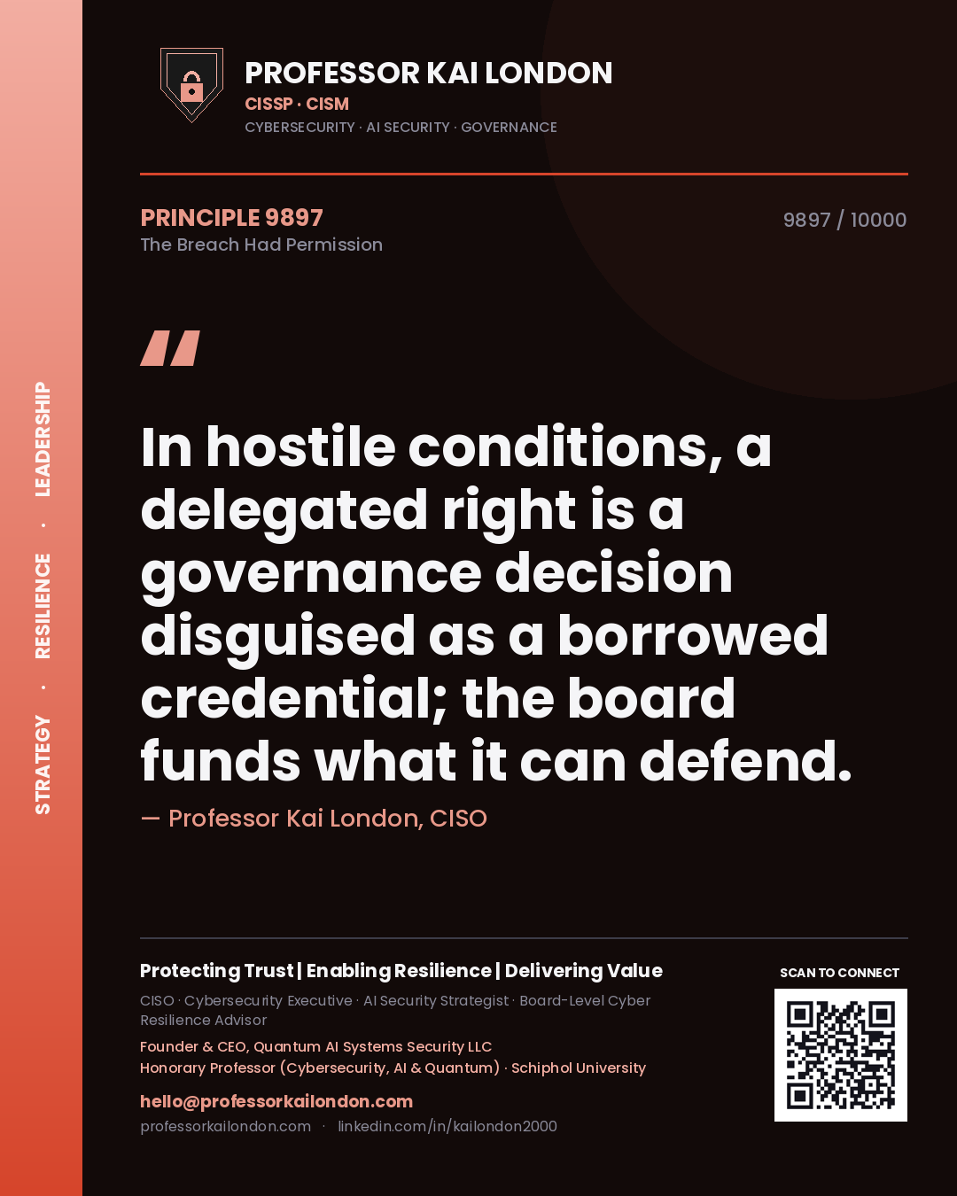 Quote card by Professor Kai London reading 'In hostile conditions, a delegated right is a governance decision disguised as a borrowed credential; the board funds what it can defend.'. From the book The Breach Had Permission.