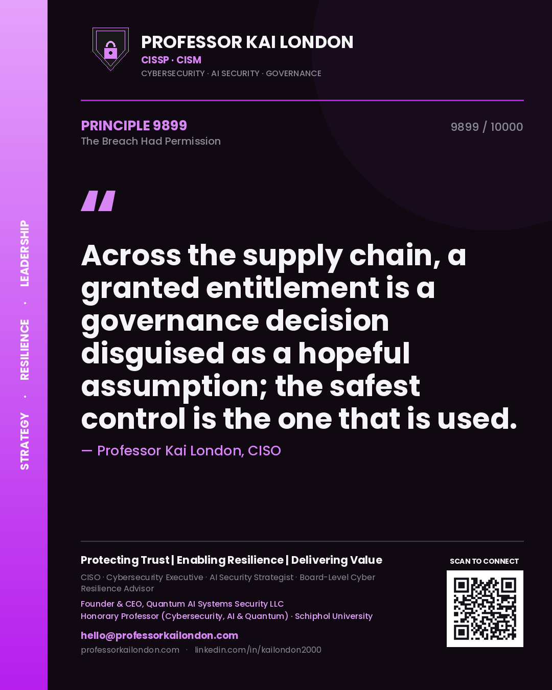 Quote card by Professor Kai London reading 'Across the supply chain, a granted entitlement is a governance decision disguised as a hopeful assumption; the safest control is the one that is used.'. From the book The Breach Had Permission.