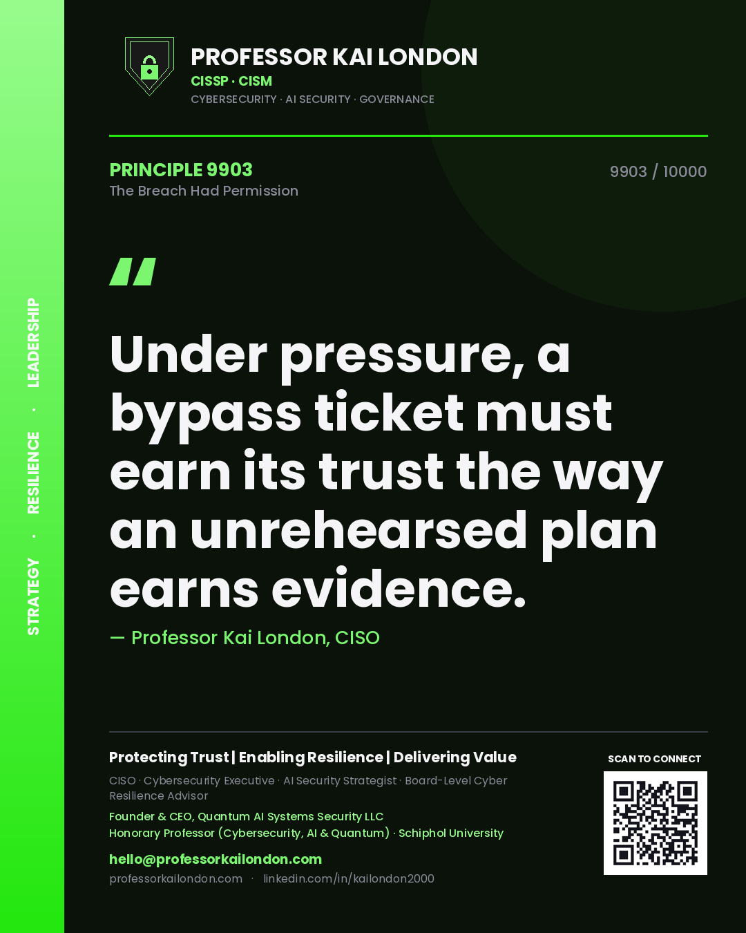 Quote card by Professor Kai London reading 'Under pressure, a bypass ticket must earn its trust the way an unrehearsed plan earns evidence.'. From the book The Breach Had Permission.