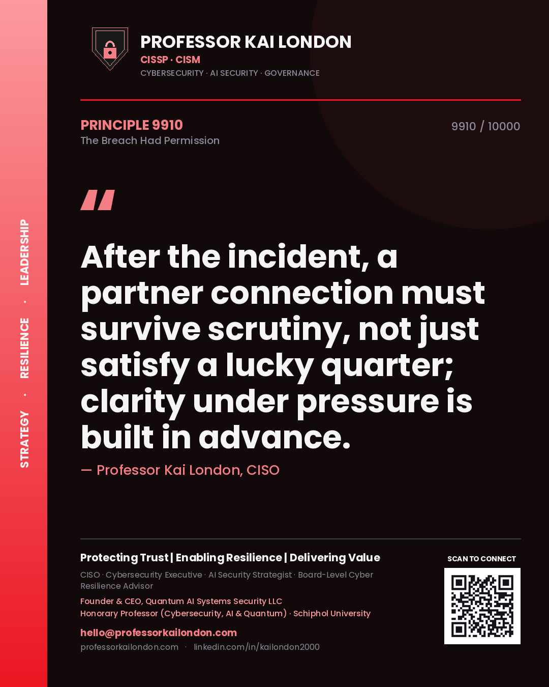 Quote card by Professor Kai London reading 'After the incident, a partner connection must survive scrutiny, not just satisfy a lucky quarter; clarity under pressure is built in advance.'. From the book The Breach Had Permission.