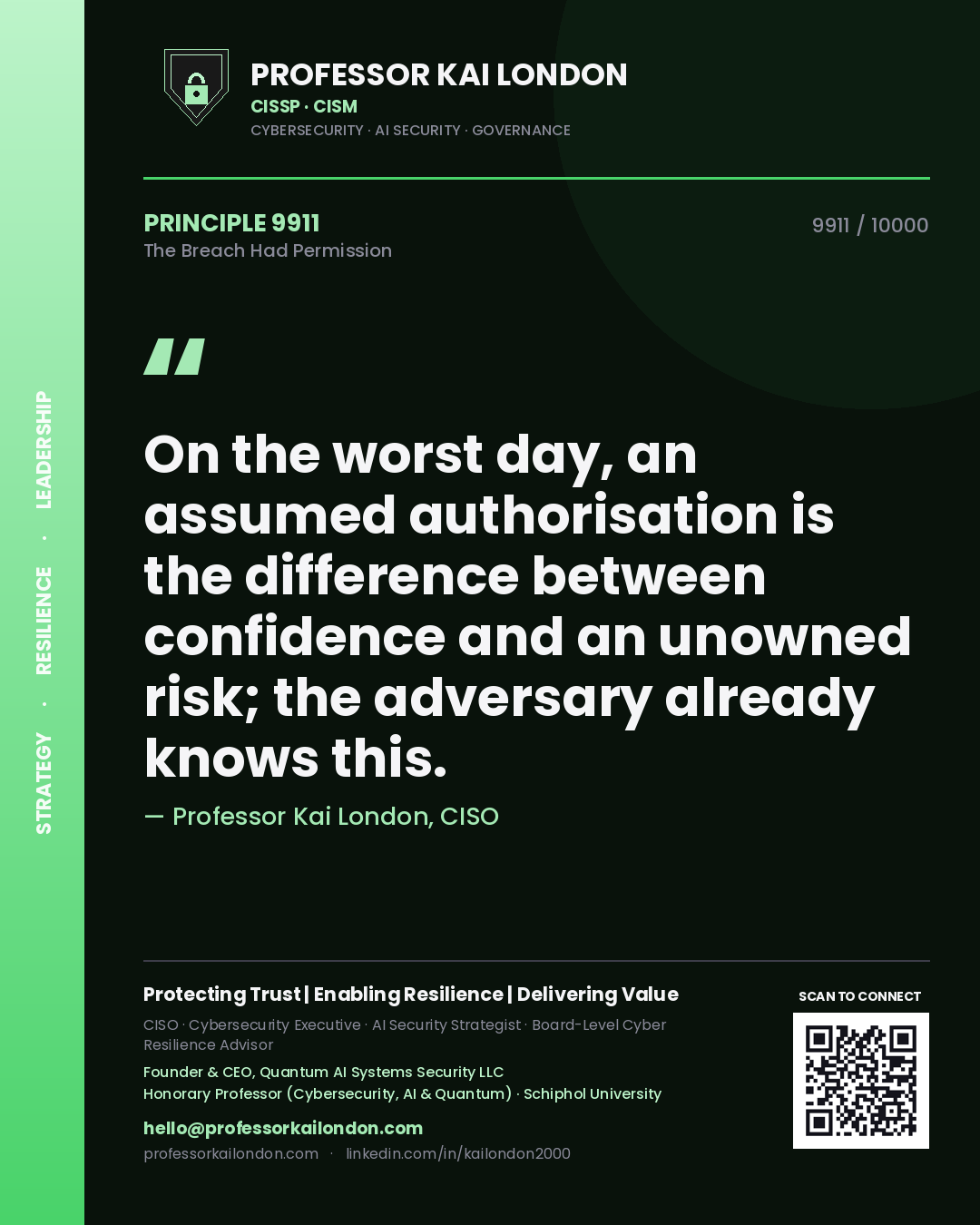 Quote card by Professor Kai London reading 'On the worst day, an assumed authorisation is the difference between confidence and an unowned risk; the adversary already knows this.'. From the book The Breach Had Permission.