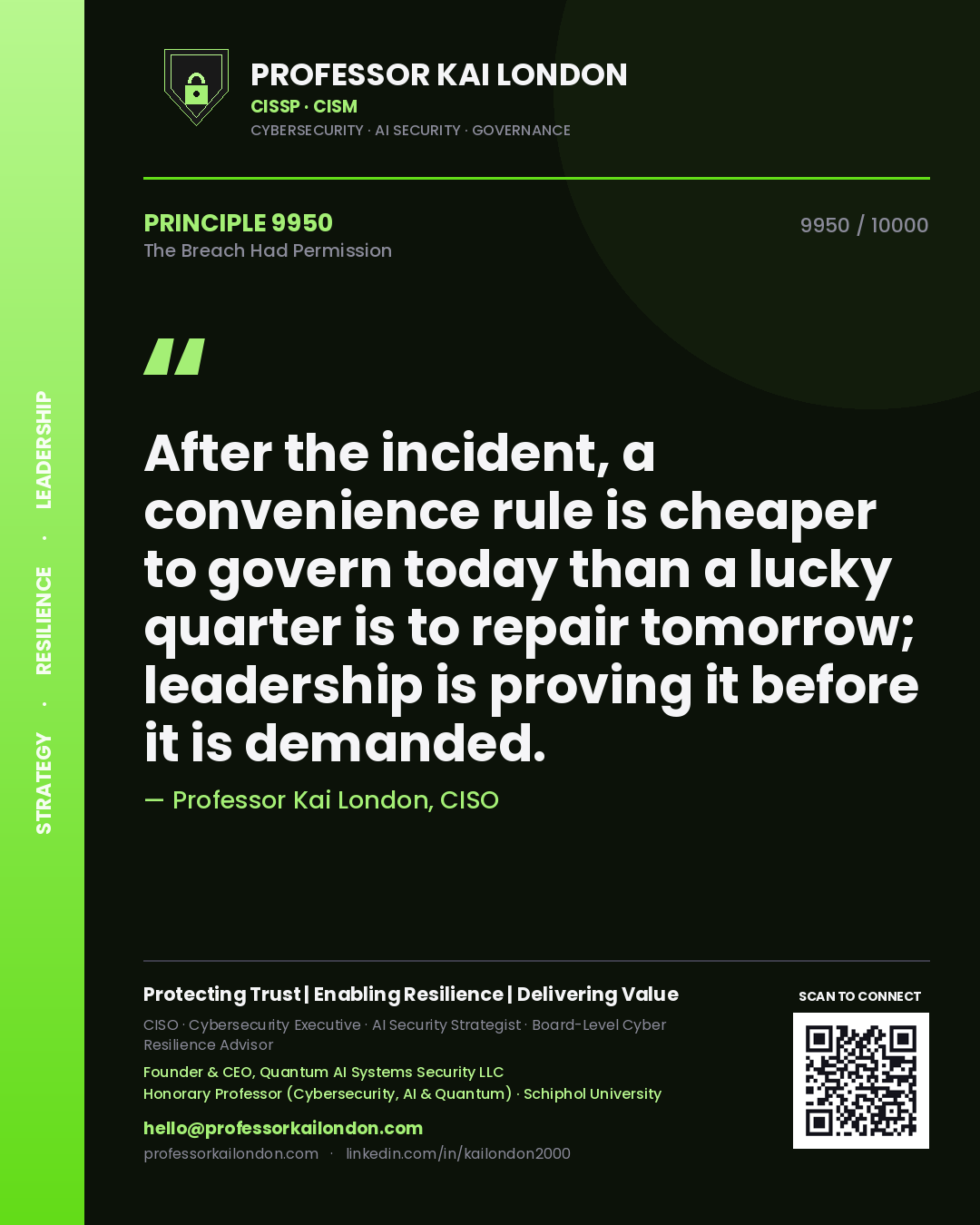 Quote card by Professor Kai London reading 'After the incident, a convenience rule is cheaper to govern today than a lucky quarter is to repair tomorrow; leadership is proving it before it is demanded.'. From the book The Breach Had Permission.