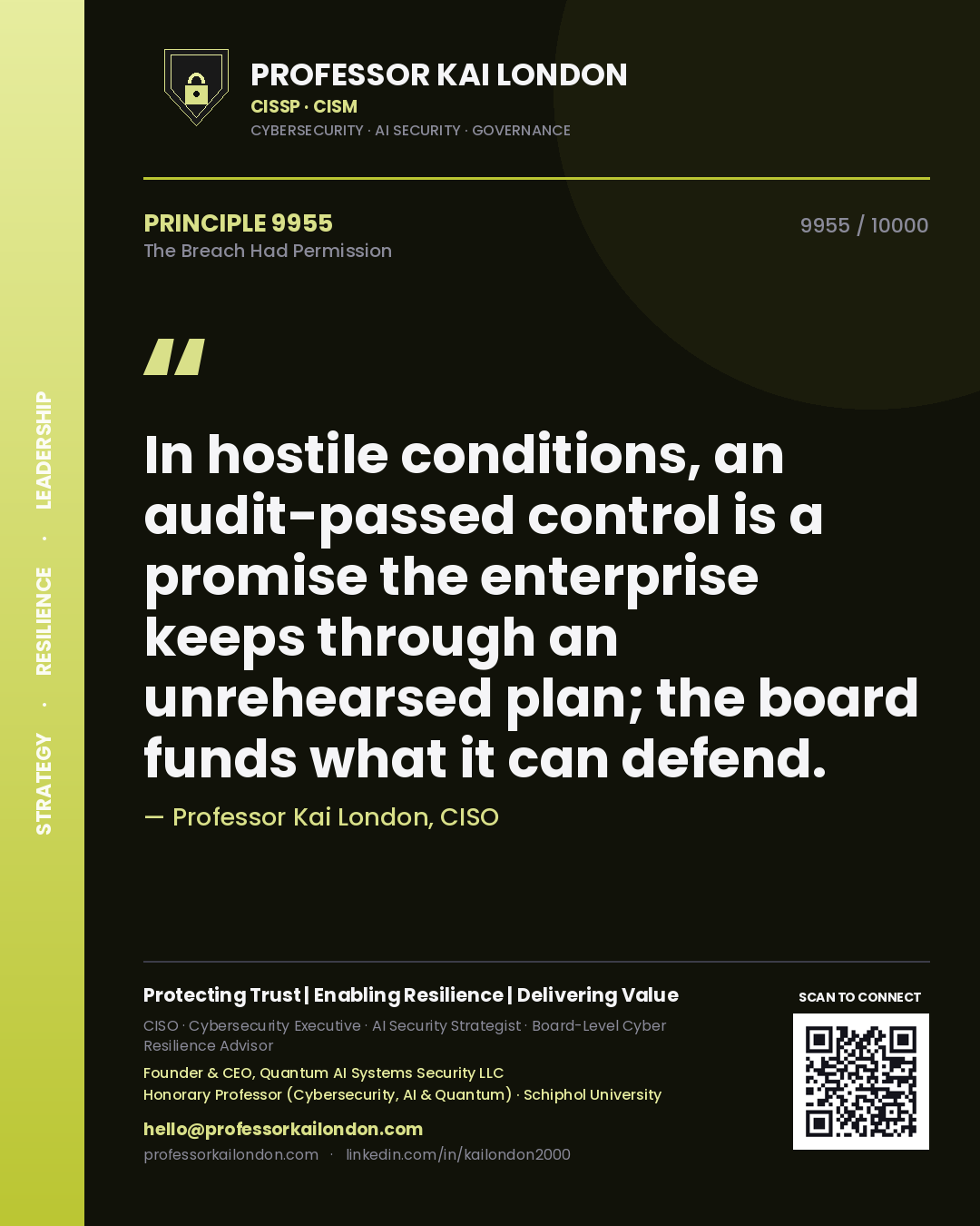 Quote card by Professor Kai London reading 'In hostile conditions, an audit-passed control is a promise the enterprise keeps through an unrehearsed plan; the board funds what it can defend.'. From the book The Breach Had Permission.