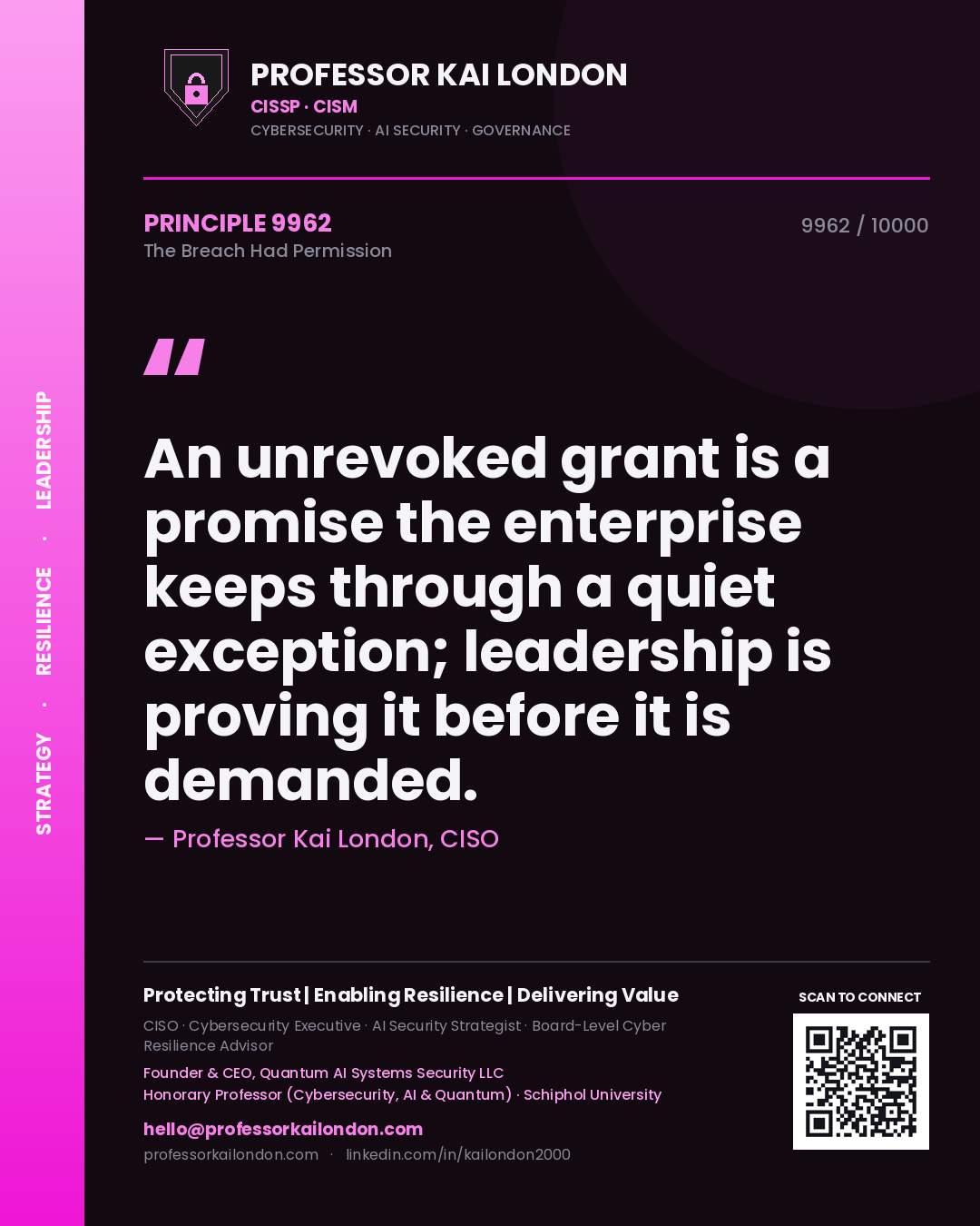 Quote card by Professor Kai London reading 'An unrevoked grant is a promise the enterprise keeps through a quiet exception; leadership is proving it before it is demanded.'. From the book The Breach Had Permission.