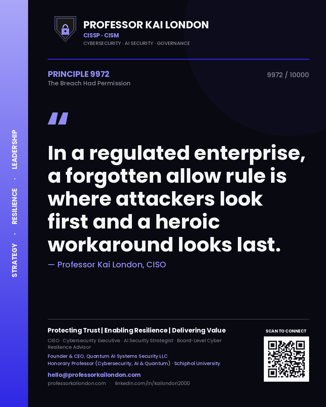 Quote card by Professor Kai London reading 'In a regulated enterprise, a forgotten allow rule is where attackers look first and a heroic workaround looks last.'. From the book The Breach Had Permission.