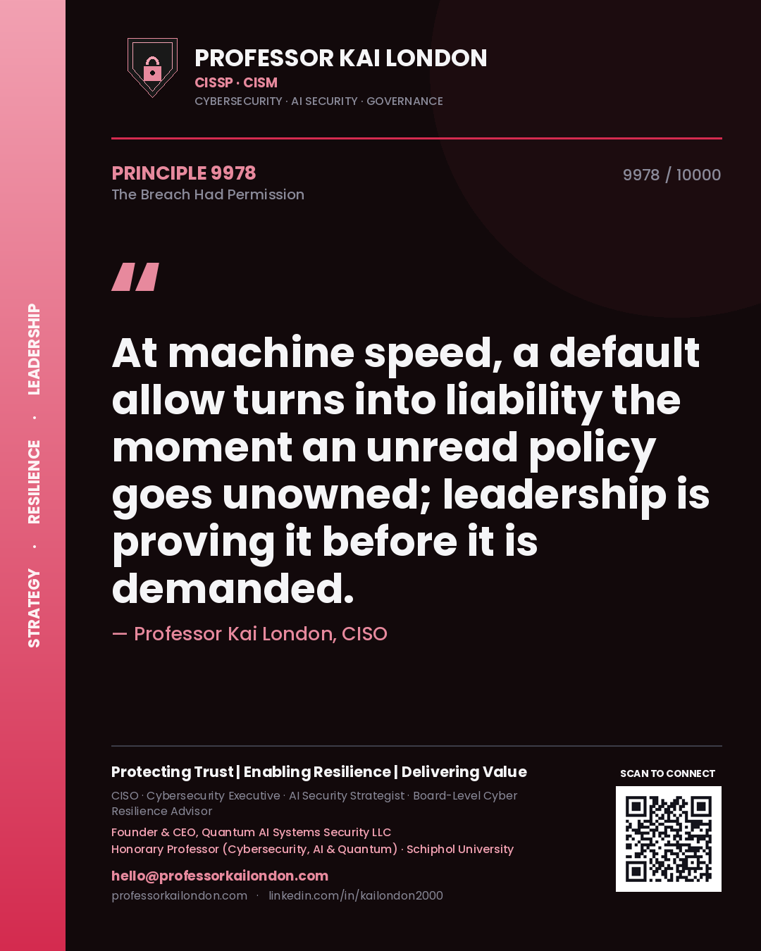 Quote card by Professor Kai London reading 'At machine speed, a default allow turns into liability the moment an unread policy goes unowned; leadership is proving it before it is demanded.'. From the book The Breach Had Permission.