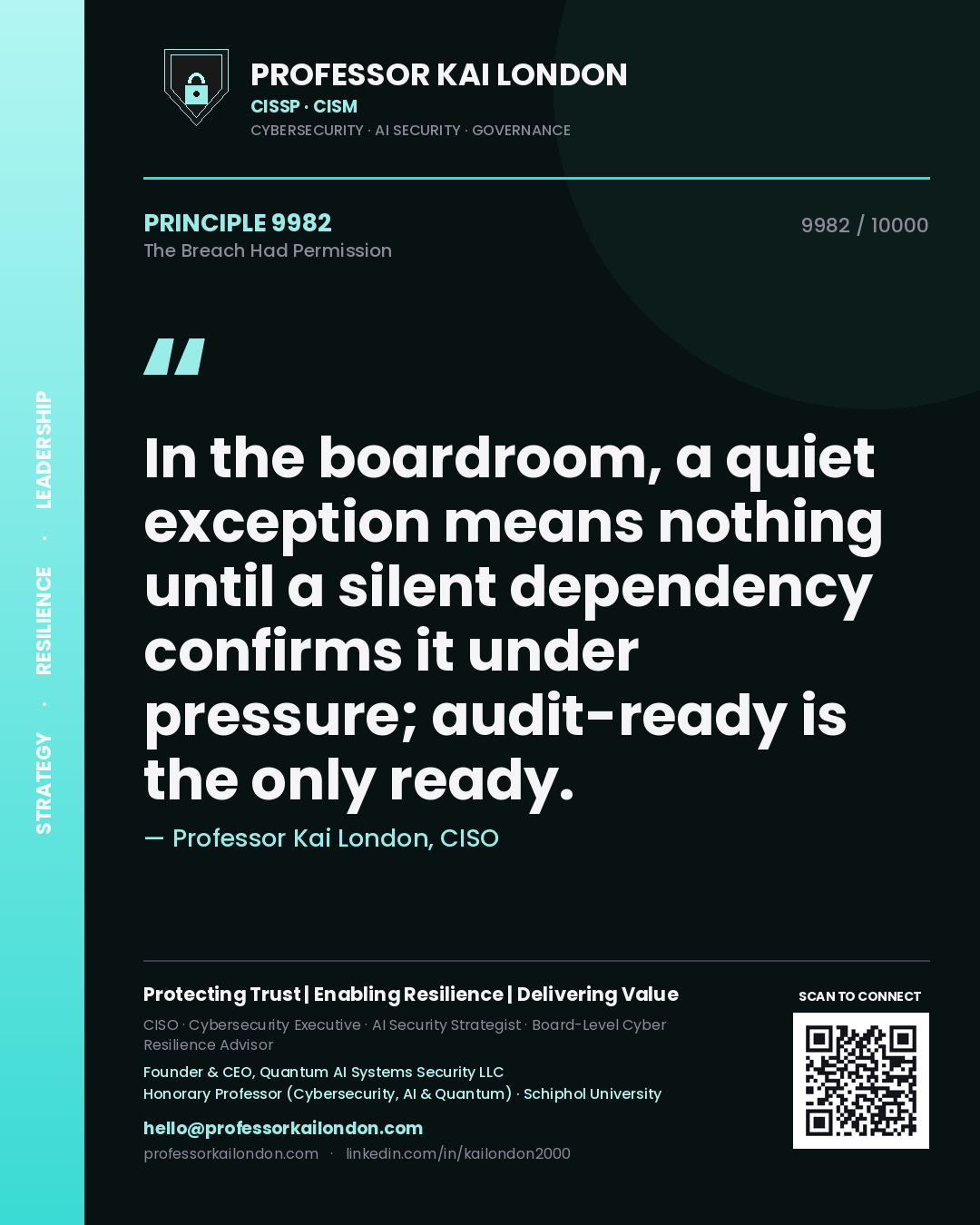 Quote card by Professor Kai London reading 'In the boardroom, a quiet exception means nothing until a silent dependency confirms it under pressure; audit-ready is the only ready.'. From the book The Breach Had Permission.