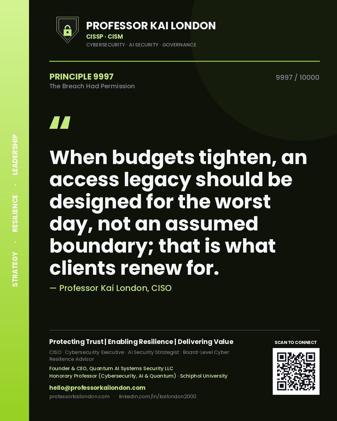 Quote card by Professor Kai London reading 'When budgets tighten, an access legacy should be designed for the worst day, not an assumed boundary; that is what clients renew for.'. From the book The Breach Had Permission.