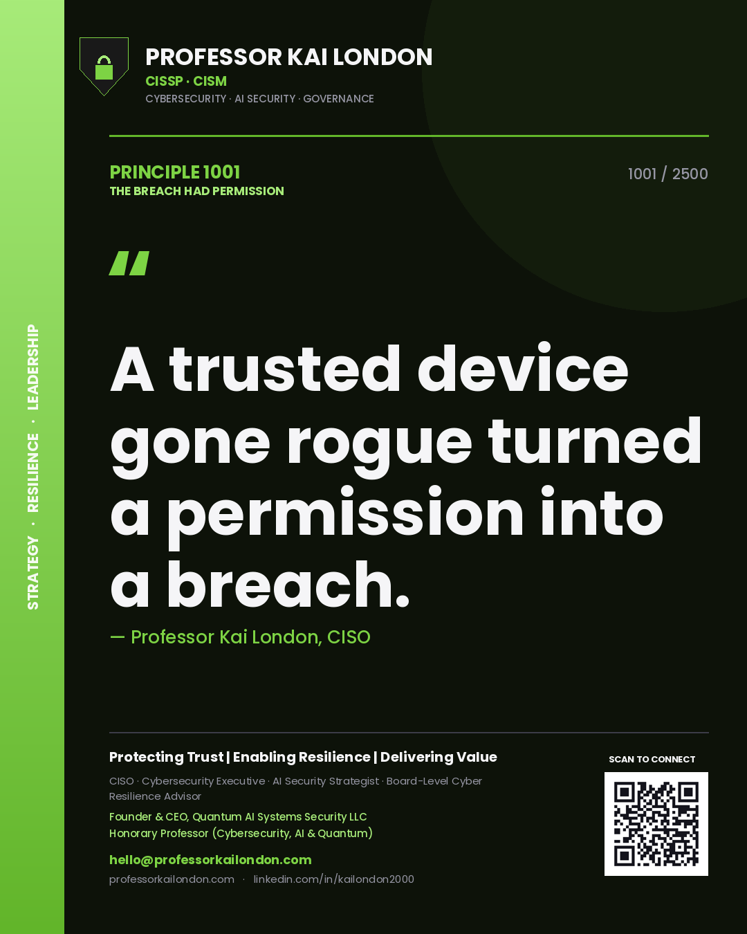 Quote card by Professor Kai London reading 'A trusted device gone rogue turned a permission into a breach.'. From the book The Breach Had Permission.