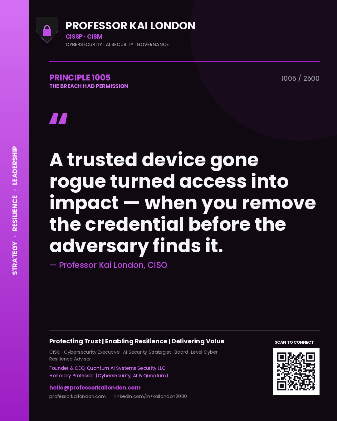 Quote card by Professor Kai London reading 'A trusted device gone rogue turned access into impact — when you remove the credential before the adversary finds it.'. From the book The Breach Had Permission.