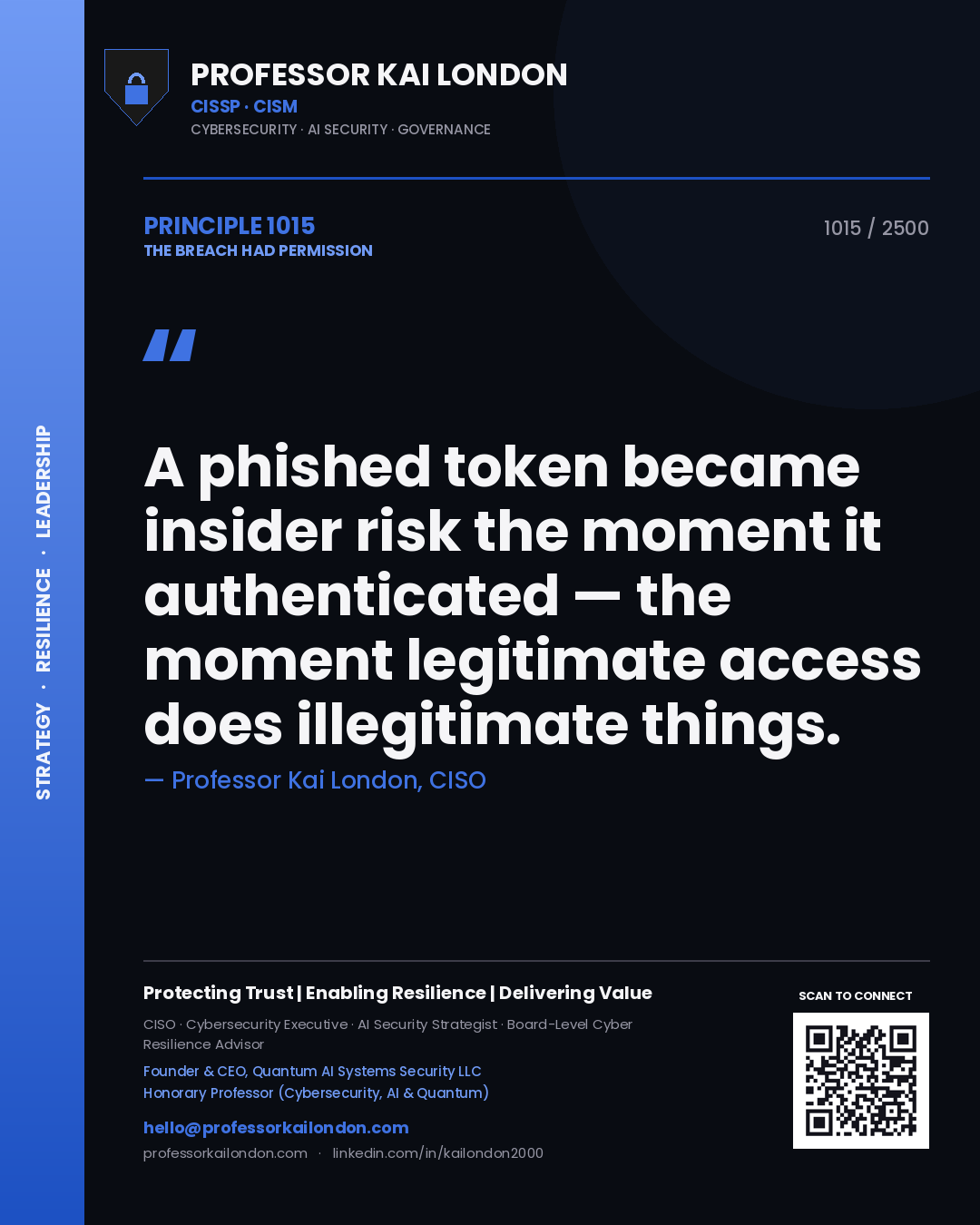 Quote card by Professor Kai London reading 'A phished token became insider risk the moment it authenticated — the moment legitimate access does illegitimate things.'. From the book The Breach Had Permission.