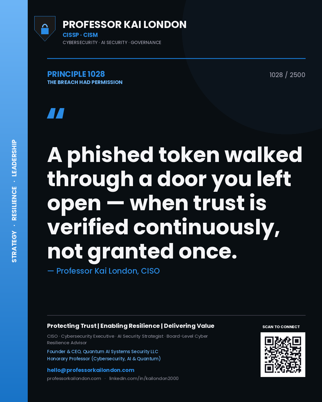 Quote card by Professor Kai London reading 'A phished token walked through a door you left open — when trust is verified continuously, not granted once.'. From the book The Breach Had Permission.