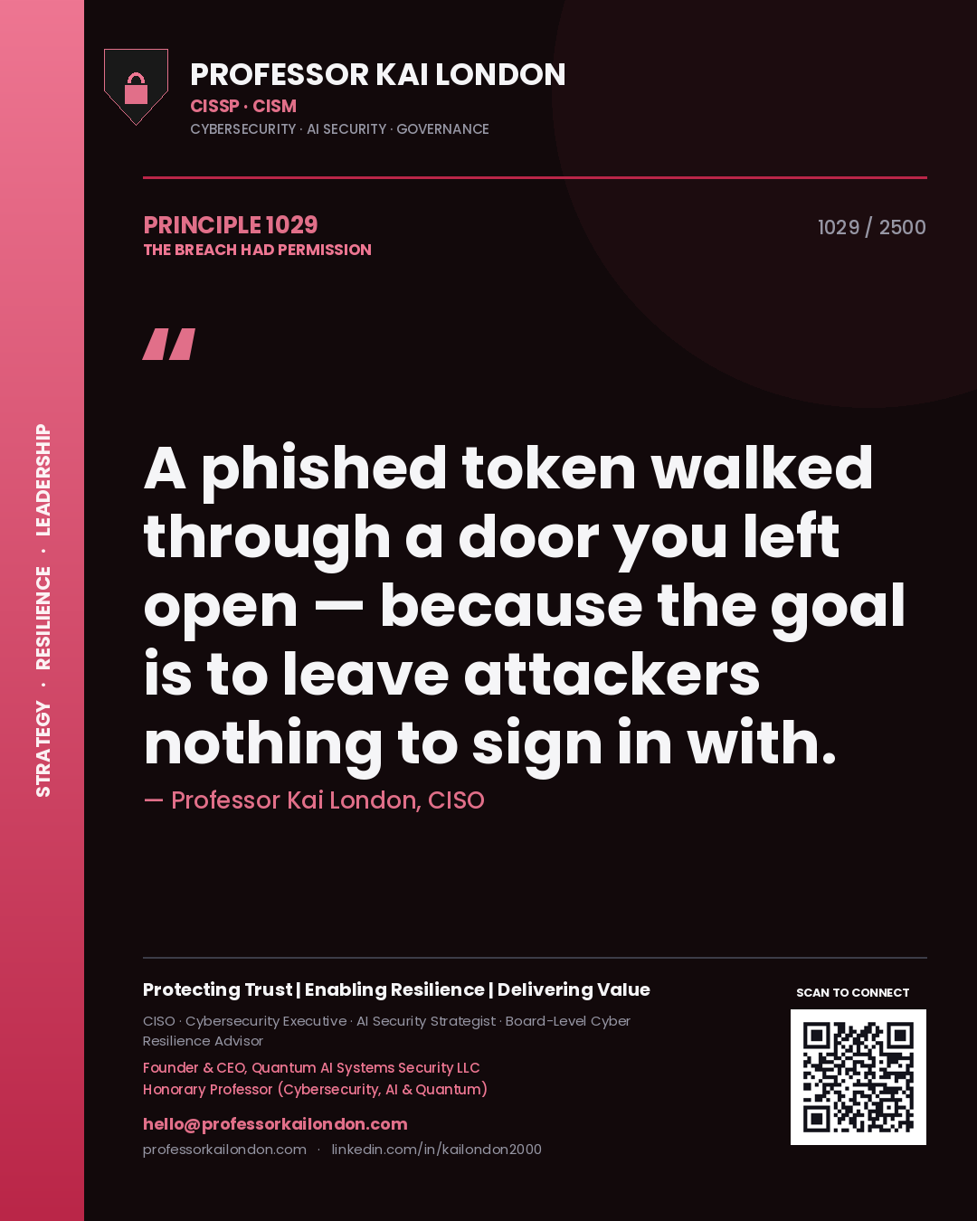 Quote card by Professor Kai London reading 'A phished token walked through a door you left open — because the goal is to leave attackers nothing to sign in with.'. From the book The Breach Had Permission.