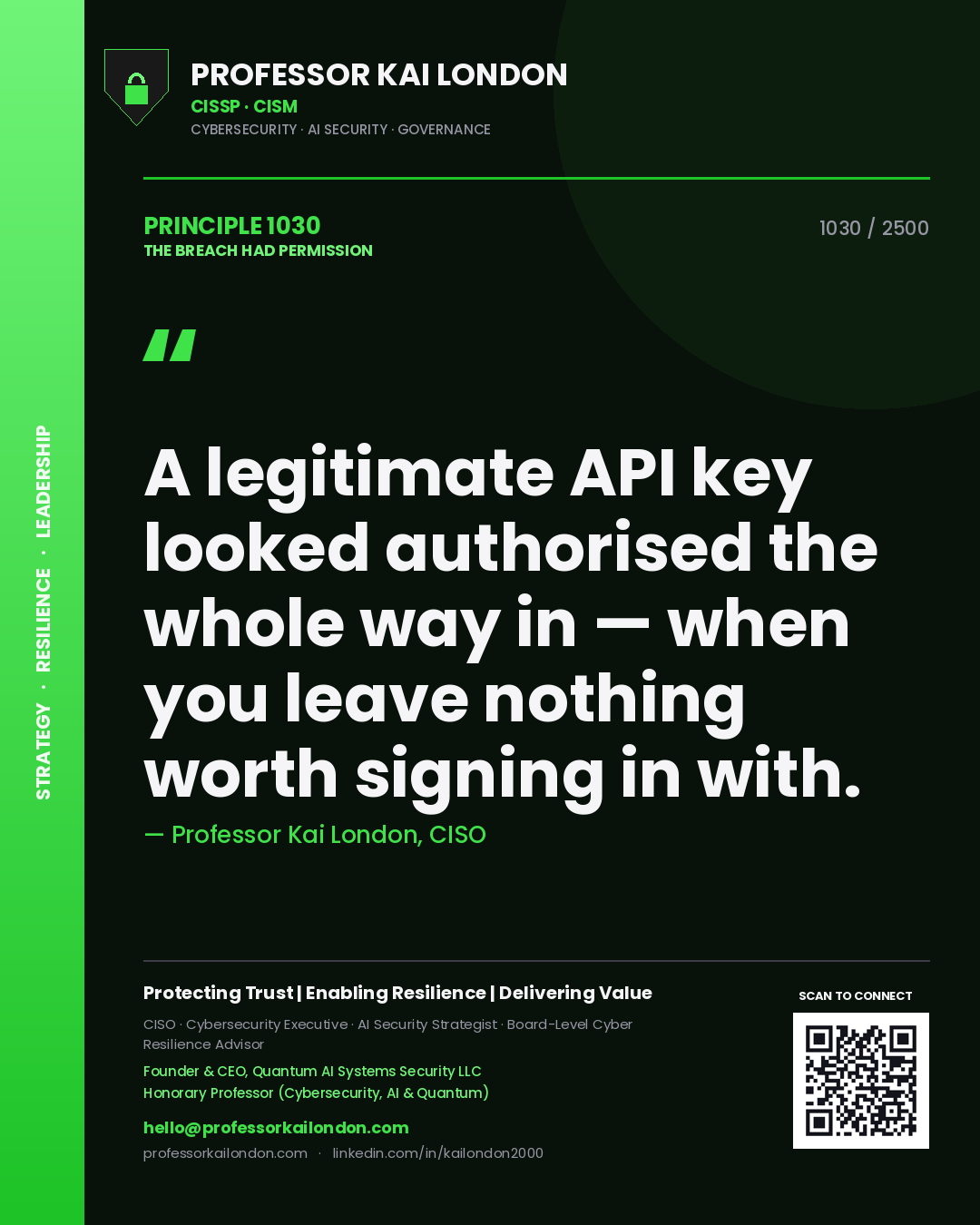 Quote card by Professor Kai London reading 'A legitimate API key looked authorised the whole way in — when you leave nothing worth signing in with.'. From the book The Breach Had Permission.