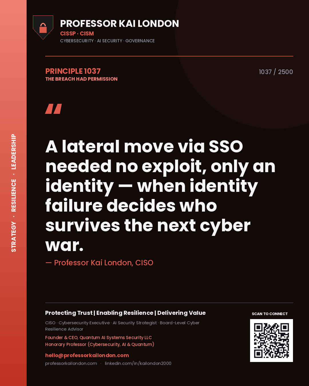 Quote card by Professor Kai London reading 'A lateral move via SSO needed no exploit, only an identity — when identity failure decides who survives the next cyber war.'. From the book The Breach Had Permission.