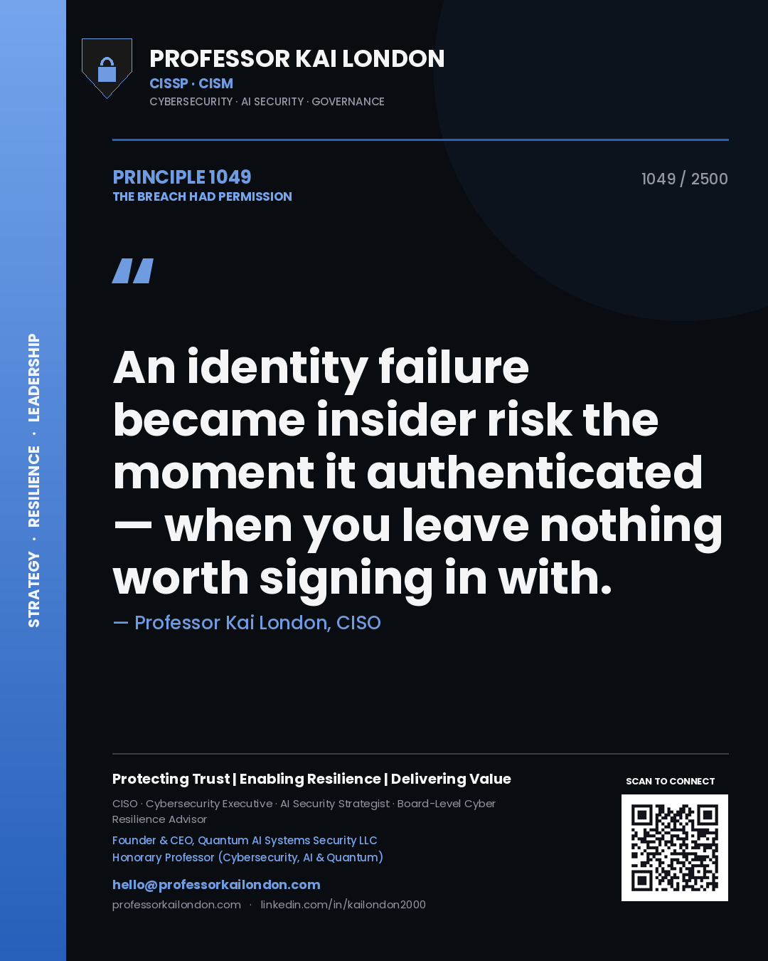 Quote card by Professor Kai London reading 'An identity failure became insider risk the moment it authenticated — when you leave nothing worth signing in with.'. From the book The Breach Had Permission.