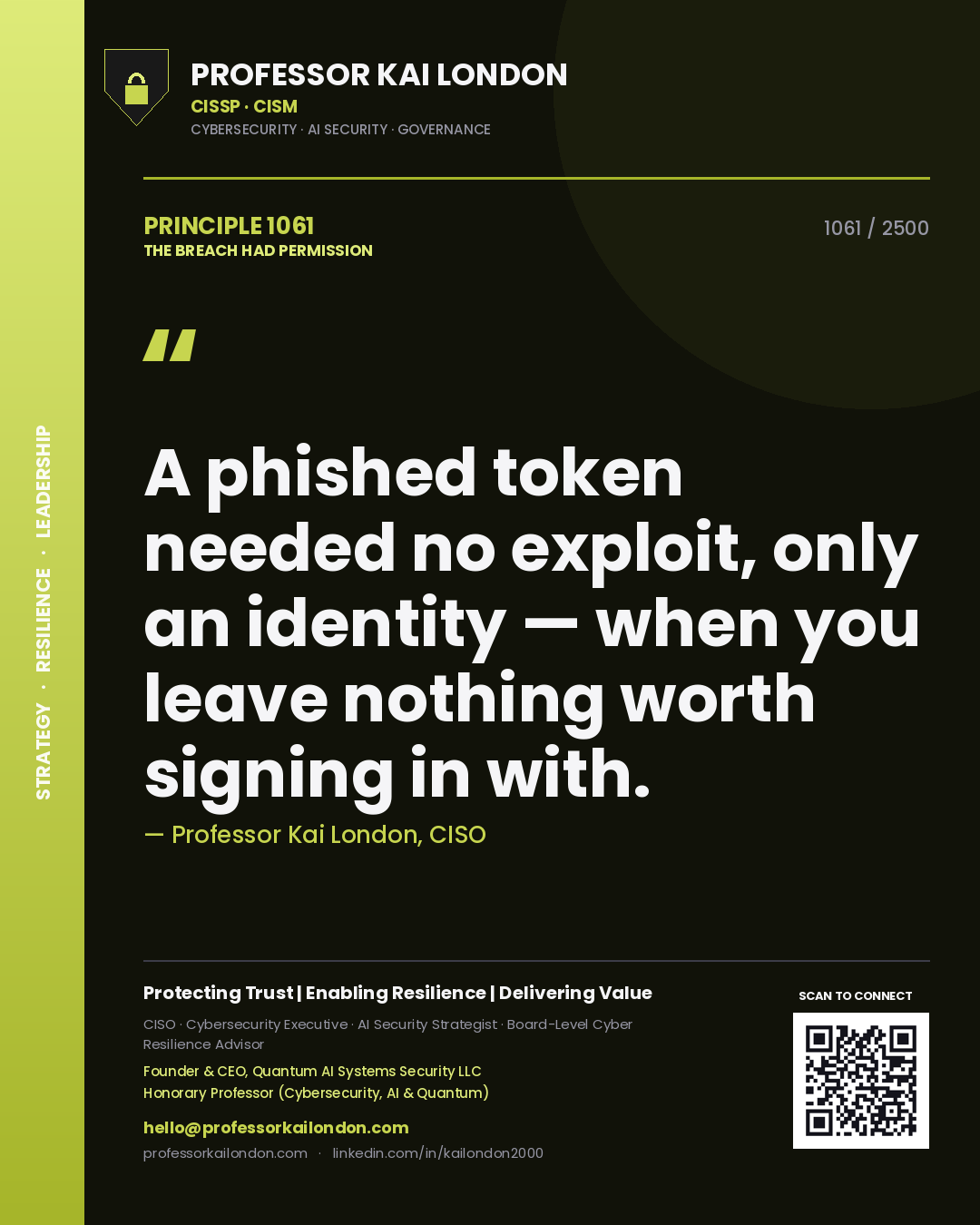 Quote card by Professor Kai London reading 'A phished token needed no exploit, only an identity — when you leave nothing worth signing in with.'. From the book The Breach Had Permission.