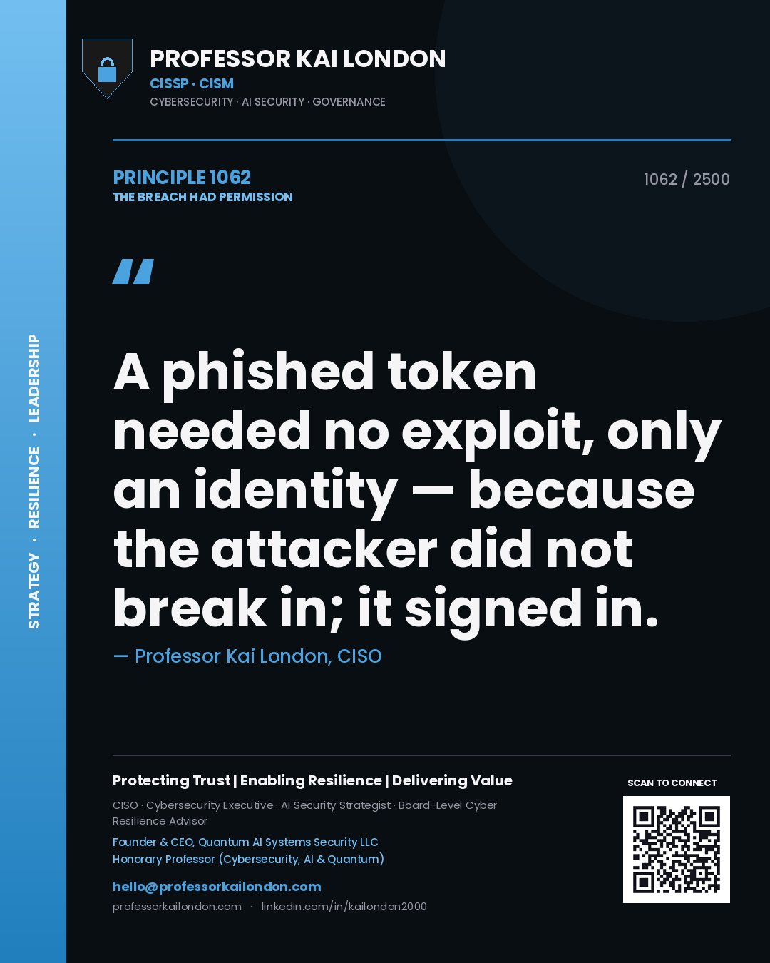 Quote card by Professor Kai London reading 'A phished token needed no exploit, only an identity — because the attacker did not break in; it signed in.'. From the book The Breach Had Permission.