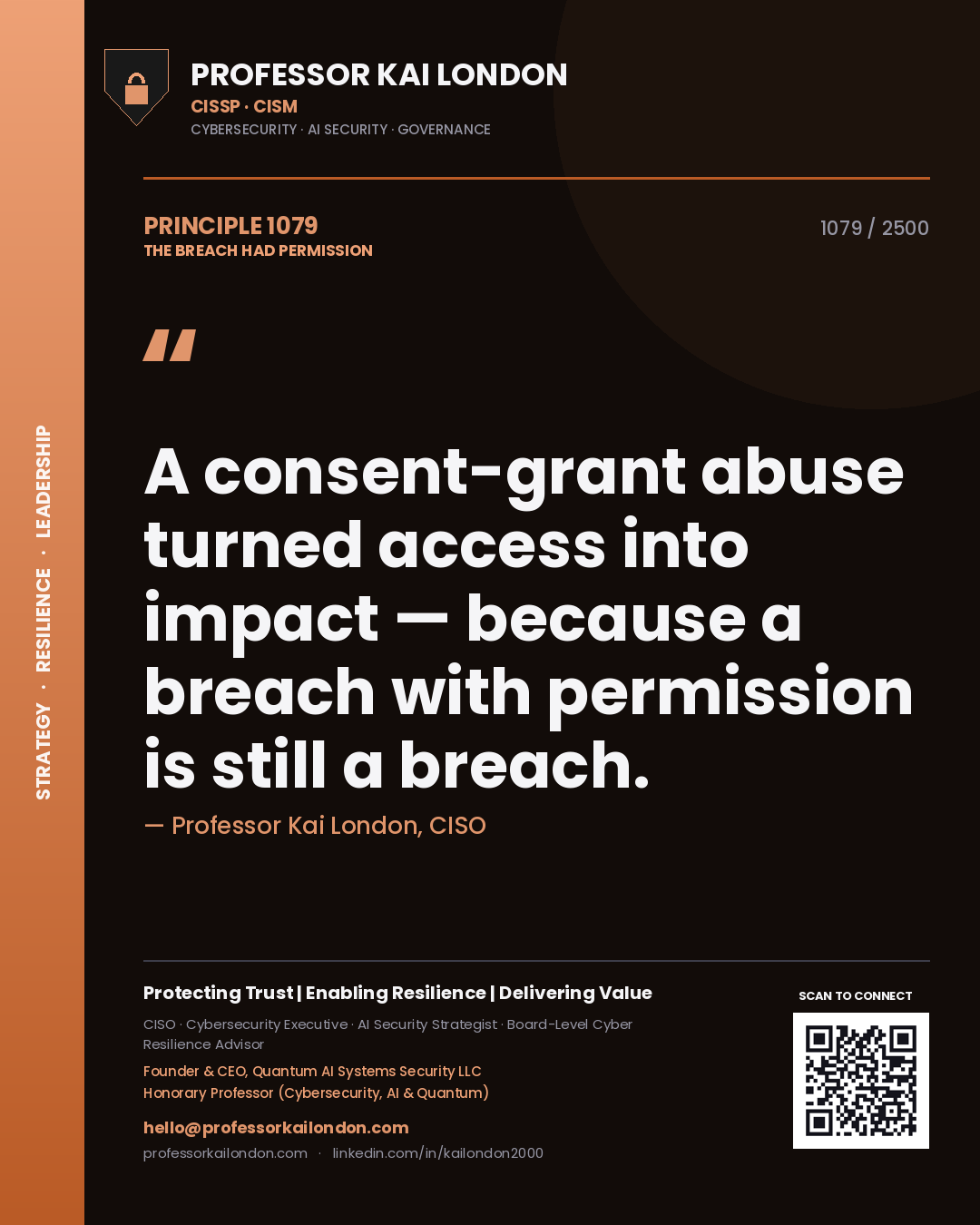 Quote card by Professor Kai London reading 'A consent-grant abuse turned access into impact — because a breach with permission is still a breach.'. From the book The Breach Had Permission.