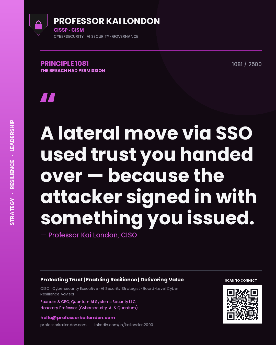 Quote card by Professor Kai London reading 'A lateral move via SSO used trust you handed over — because the attacker signed in with something you issued.'. From the book The Breach Had Permission.