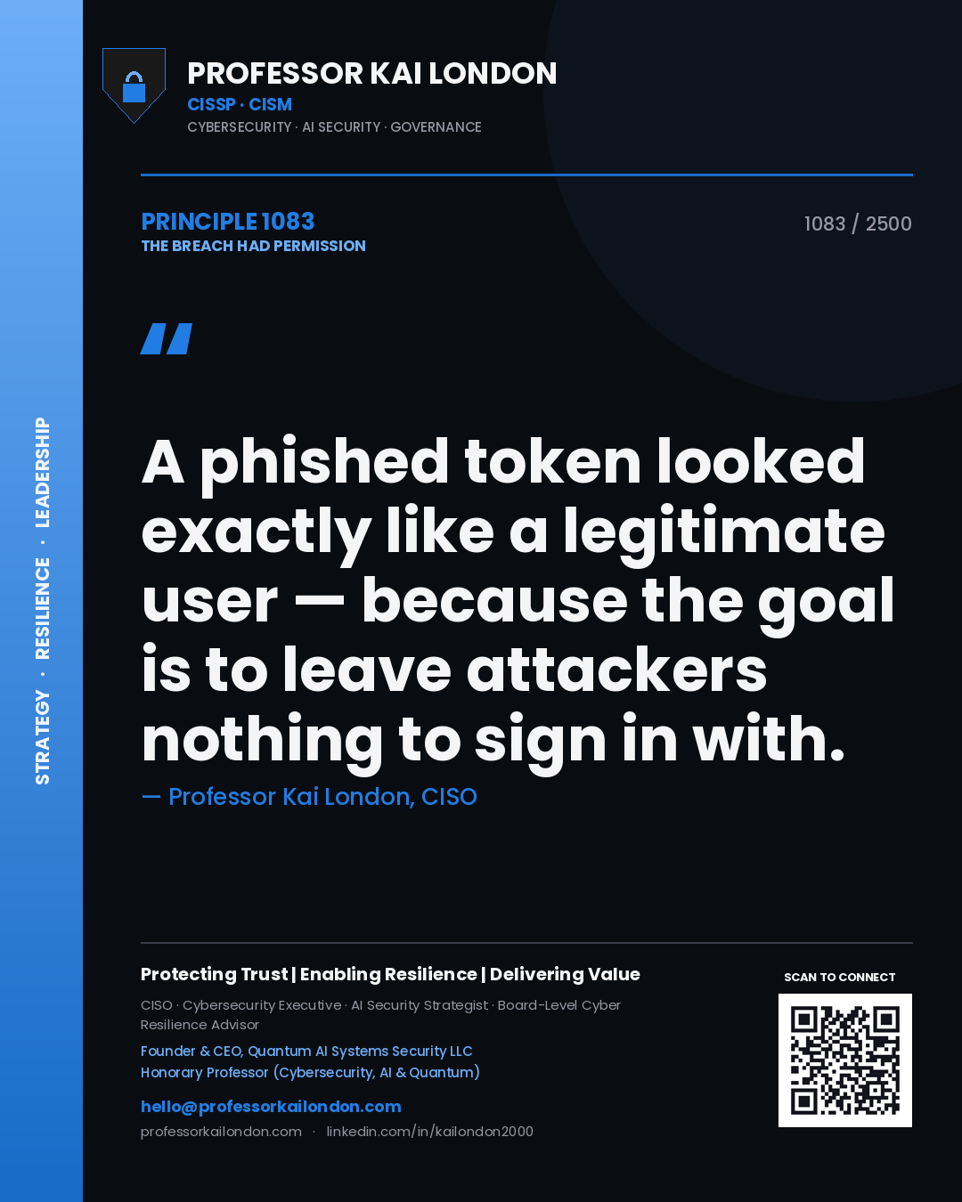 Quote card by Professor Kai London reading 'A phished token looked exactly like a legitimate user — because the goal is to leave attackers nothing to sign in with.'. From the book The Breach Had Permission.