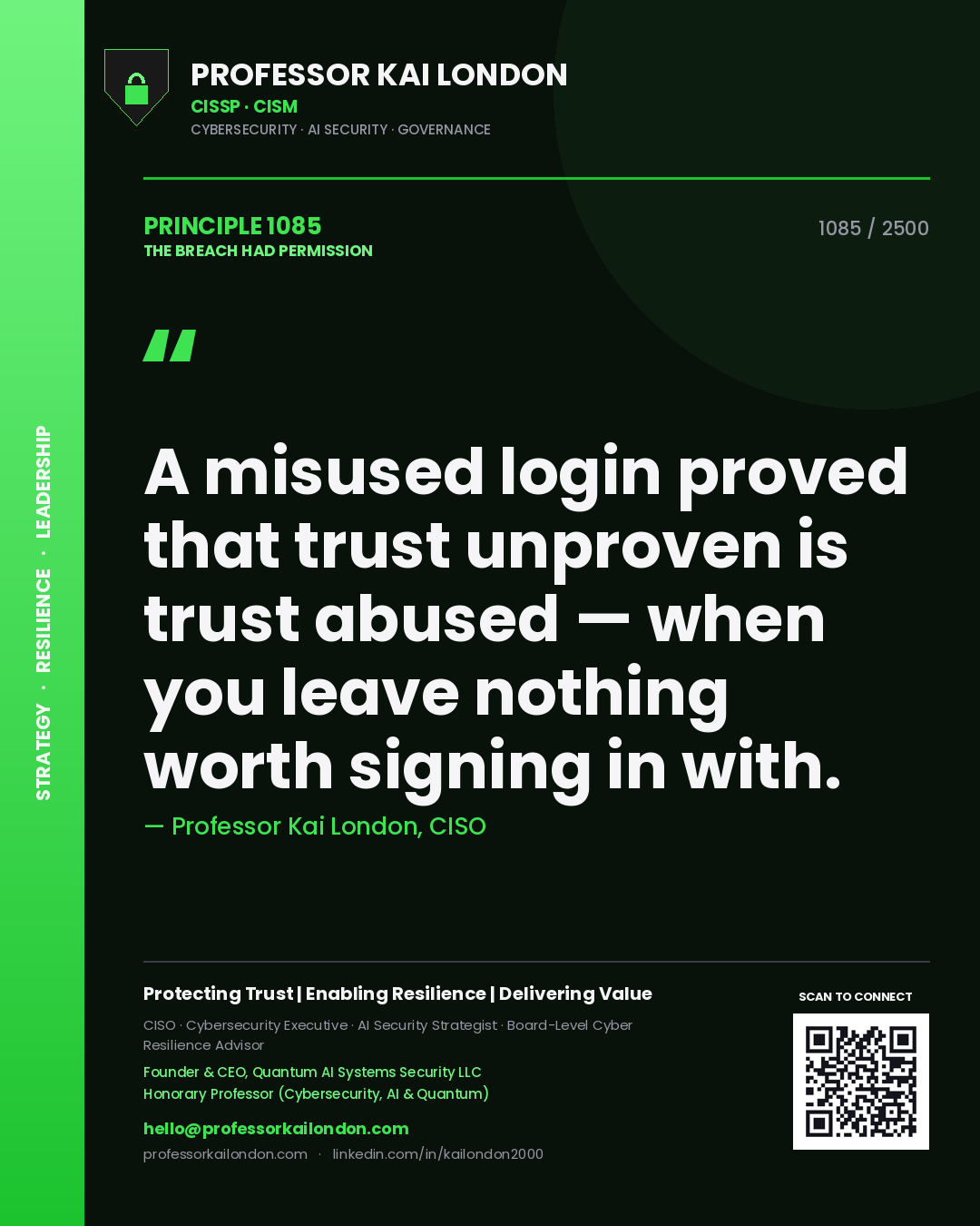 Quote card by Professor Kai London reading 'A misused login proved that trust unproven is trust abused — when you leave nothing worth signing in with.'. From the book The Breach Had Permission.