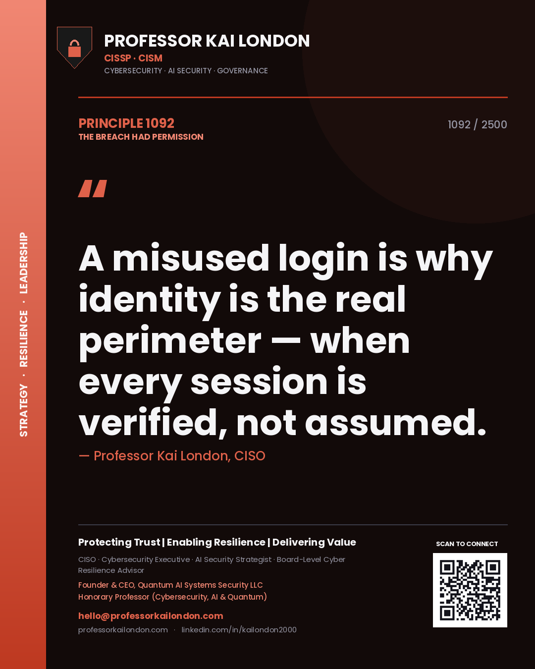 Quote card by Professor Kai London reading 'A misused login is why identity is the real perimeter — when every session is verified, not assumed.'. From the book The Breach Had Permission.