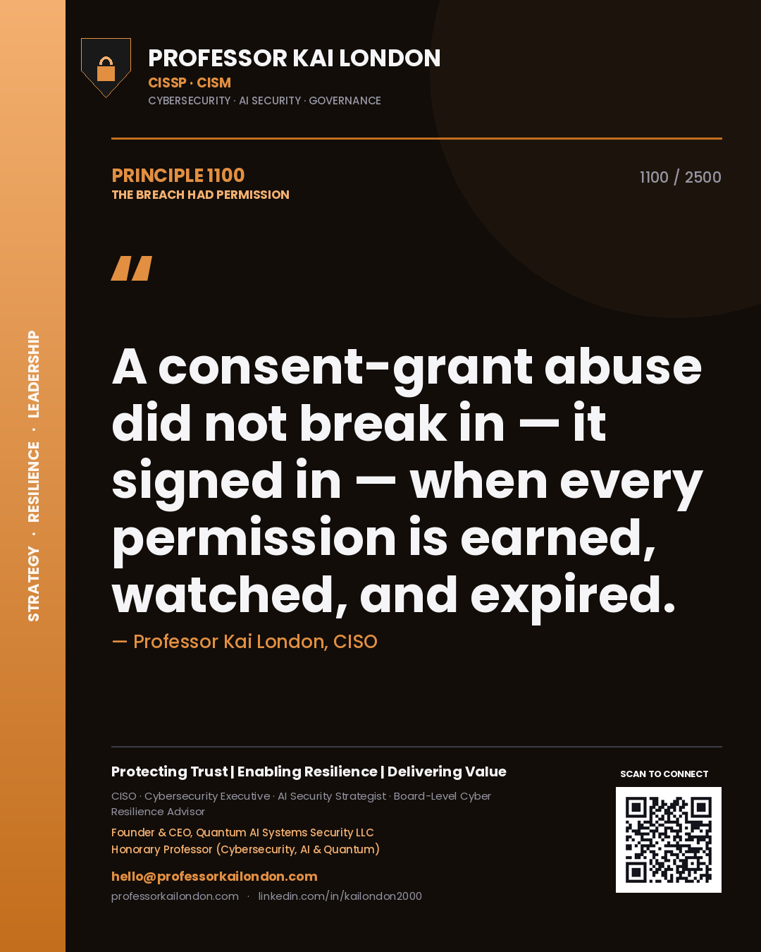 Quote card by Professor Kai London reading 'A consent-grant abuse did not break in — it signed in — when every permission is earned, watched, and expired.'. From the book The Breach Had Permission.
