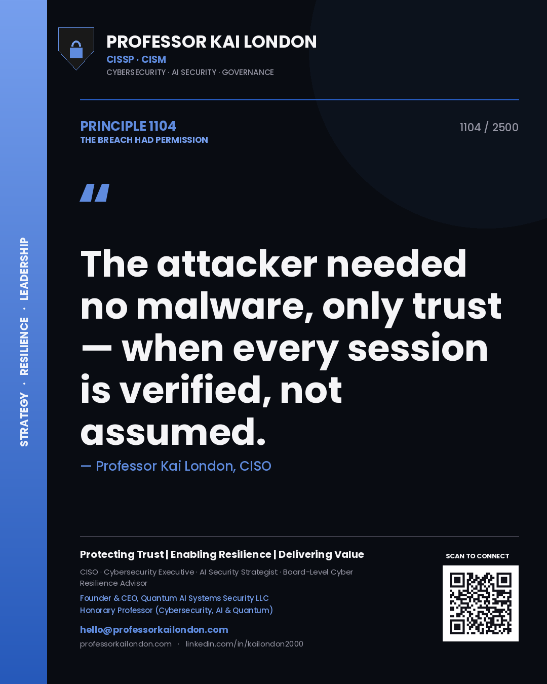 Quote card by Professor Kai London reading 'The attacker needed no malware, only trust — when every session is verified, not assumed.'. From the book The Breach Had Permission.
