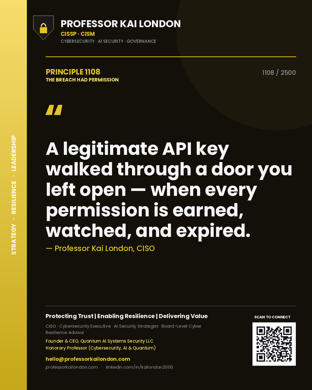 Quote card by Professor Kai London reading 'A legitimate API key walked through a door you left open — when every permission is earned, watched, and expired.'. From the book The Breach Had Permission.