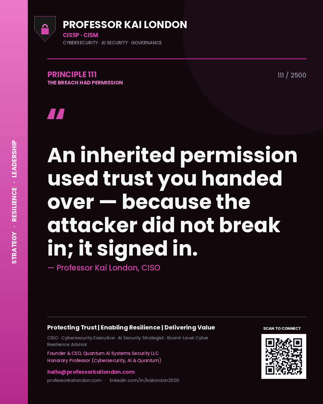 Professor Kai London principle 111: An inherited permission used trust you handed over — because the attacker did not break in; it signed in.
