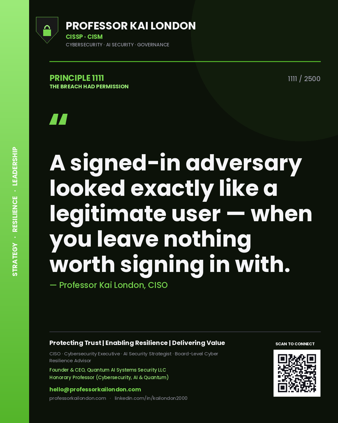 Quote card by Professor Kai London reading 'A signed-in adversary looked exactly like a legitimate user — when you leave nothing worth signing in with.'. From the book The Breach Had Permission.