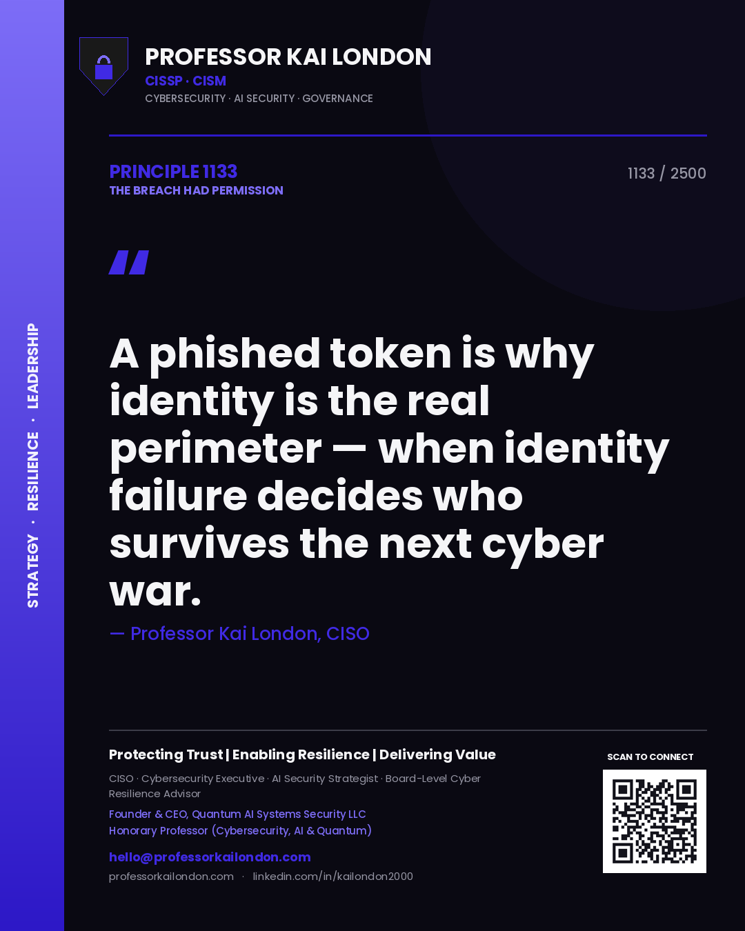 Quote card by Professor Kai London reading 'A phished token is why identity is the real perimeter — when identity failure decides who survives the next cyber war.'. From the book The Breach Had Permission.