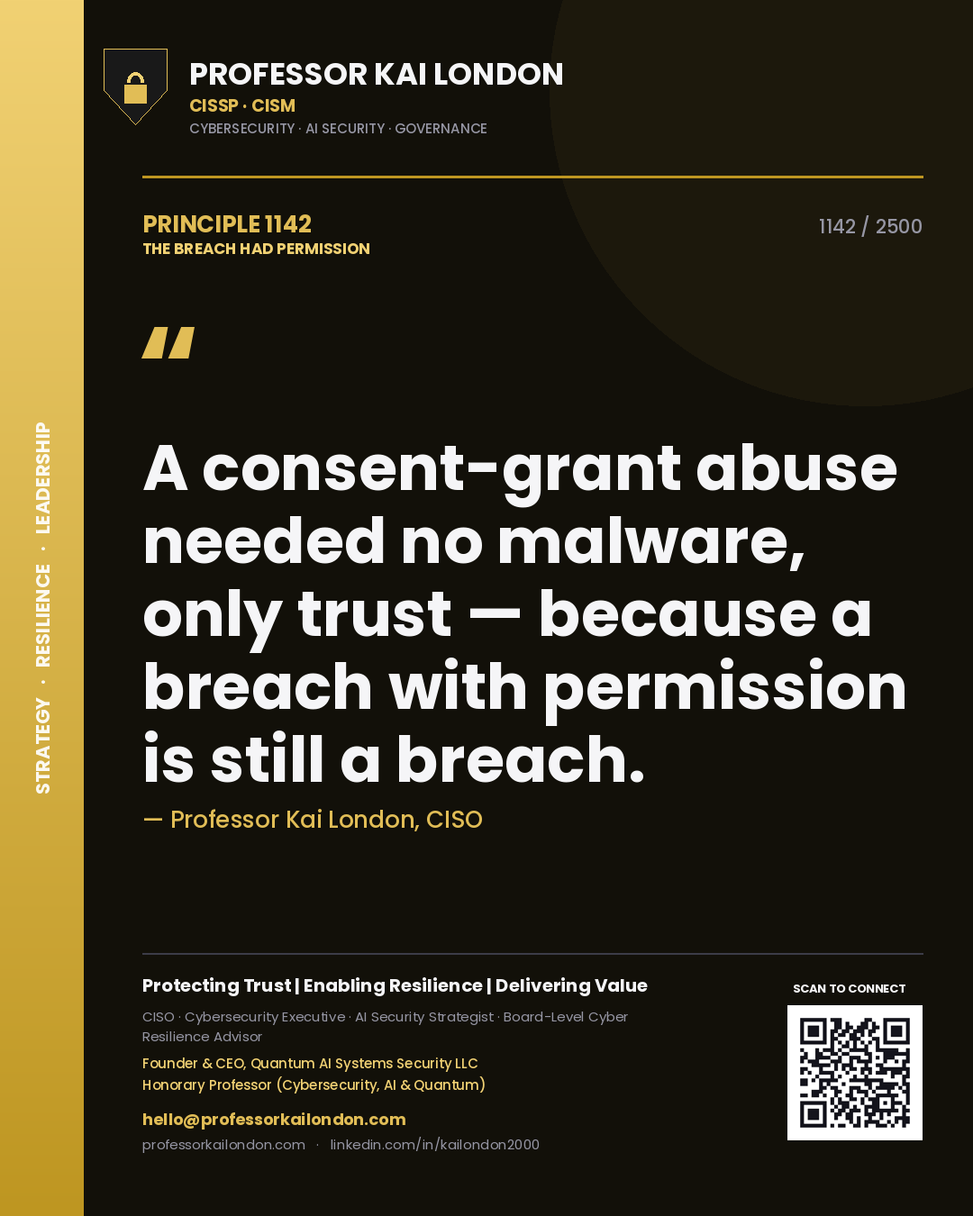 Quote card by Professor Kai London reading 'A consent-grant abuse needed no malware, only trust — because a breach with permission is still a breach.'. From the book The Breach Had Permission.