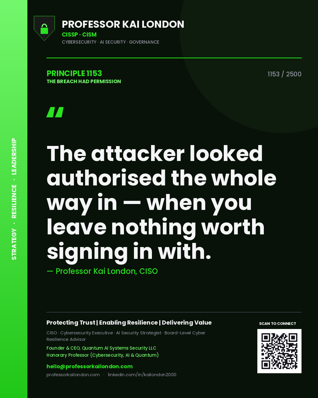 Quote card by Professor Kai London reading 'The attacker looked authorised the whole way in — when you leave nothing worth signing in with.'. From the book The Breach Had Permission.