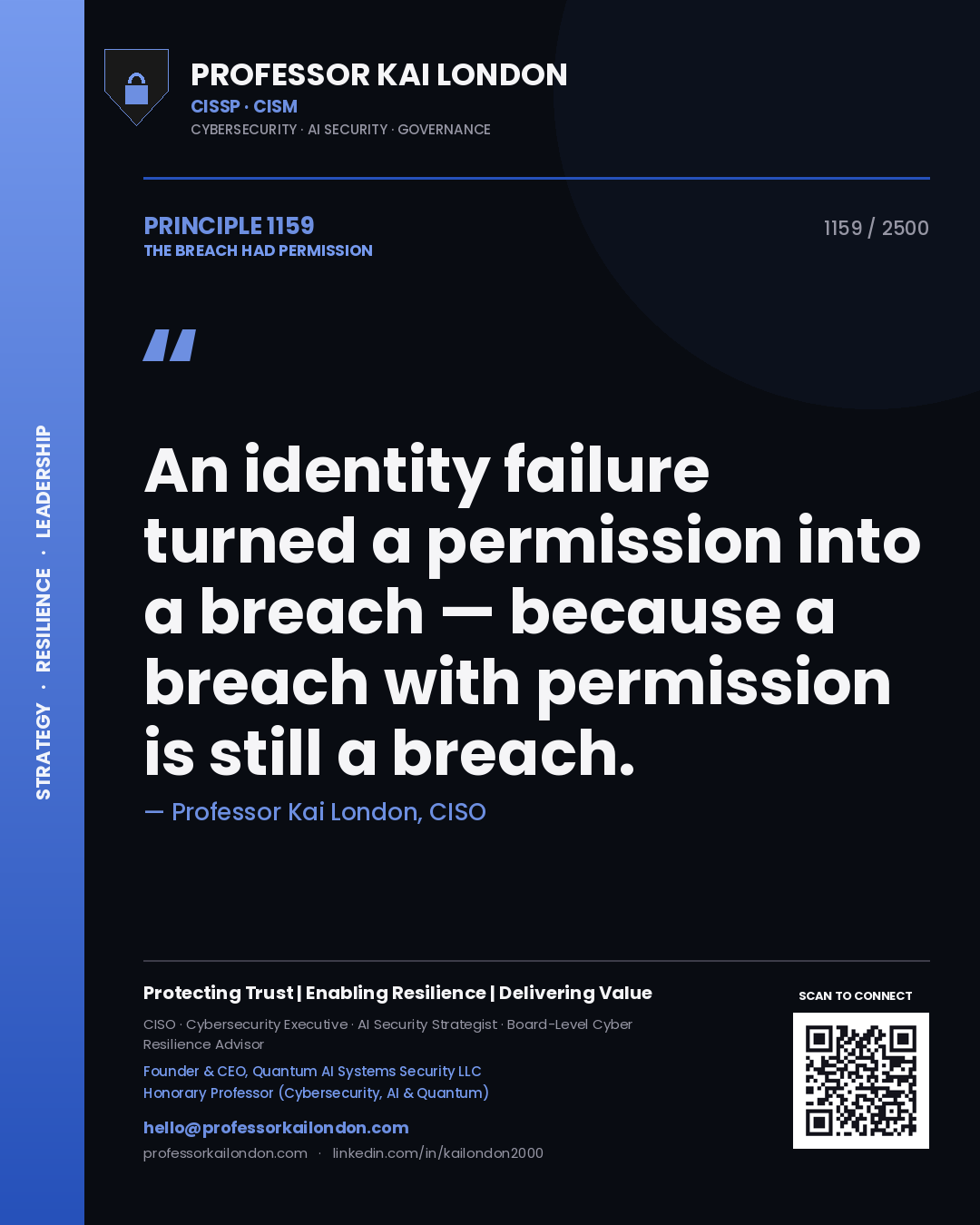 Quote card by Professor Kai London reading 'An identity failure turned a permission into a breach — because a breach with permission is still a breach.'. From the book The Breach Had Permission.