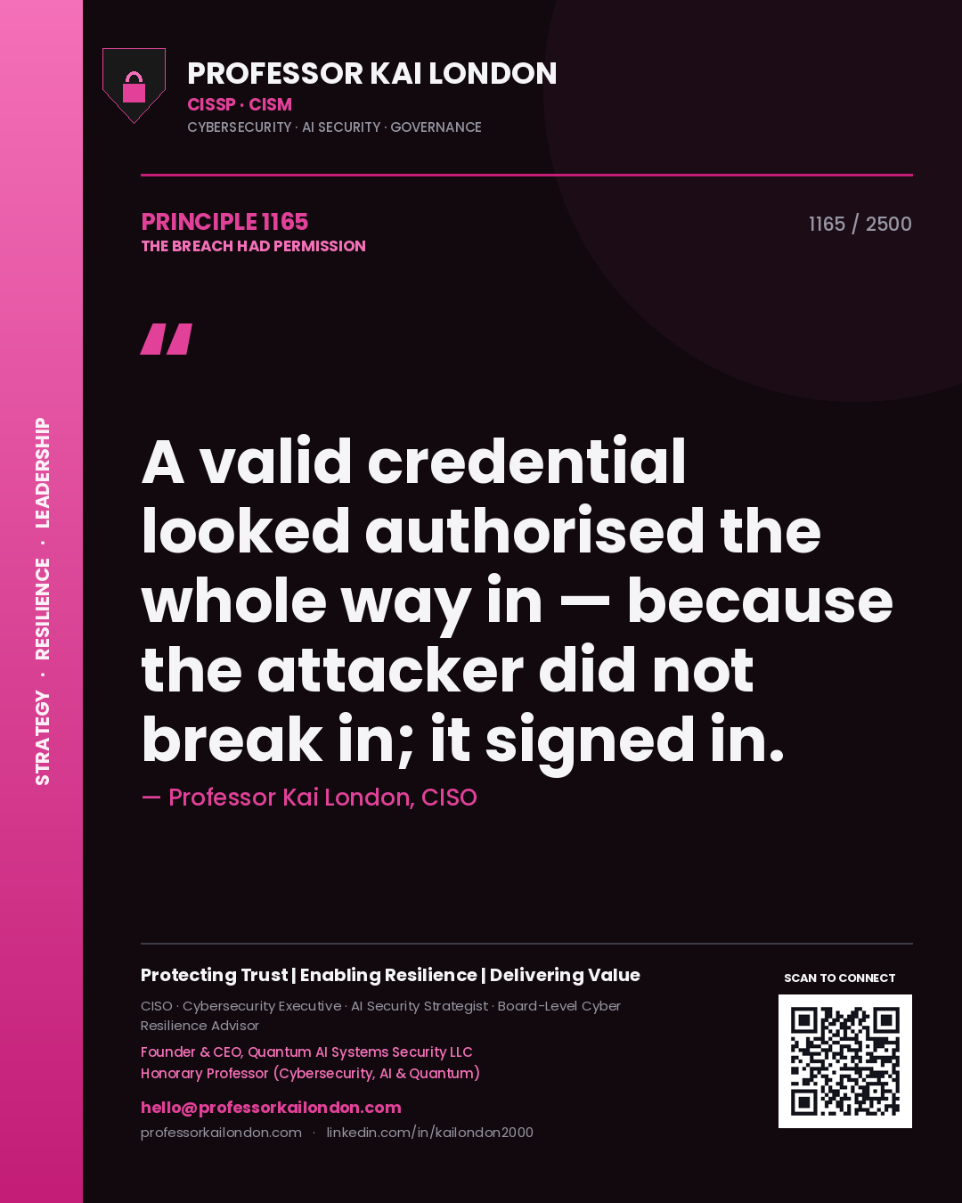 Quote card by Professor Kai London reading 'A valid credential looked authorised the whole way in — because the attacker did not break in; it signed in.'. From the book The Breach Had Permission.