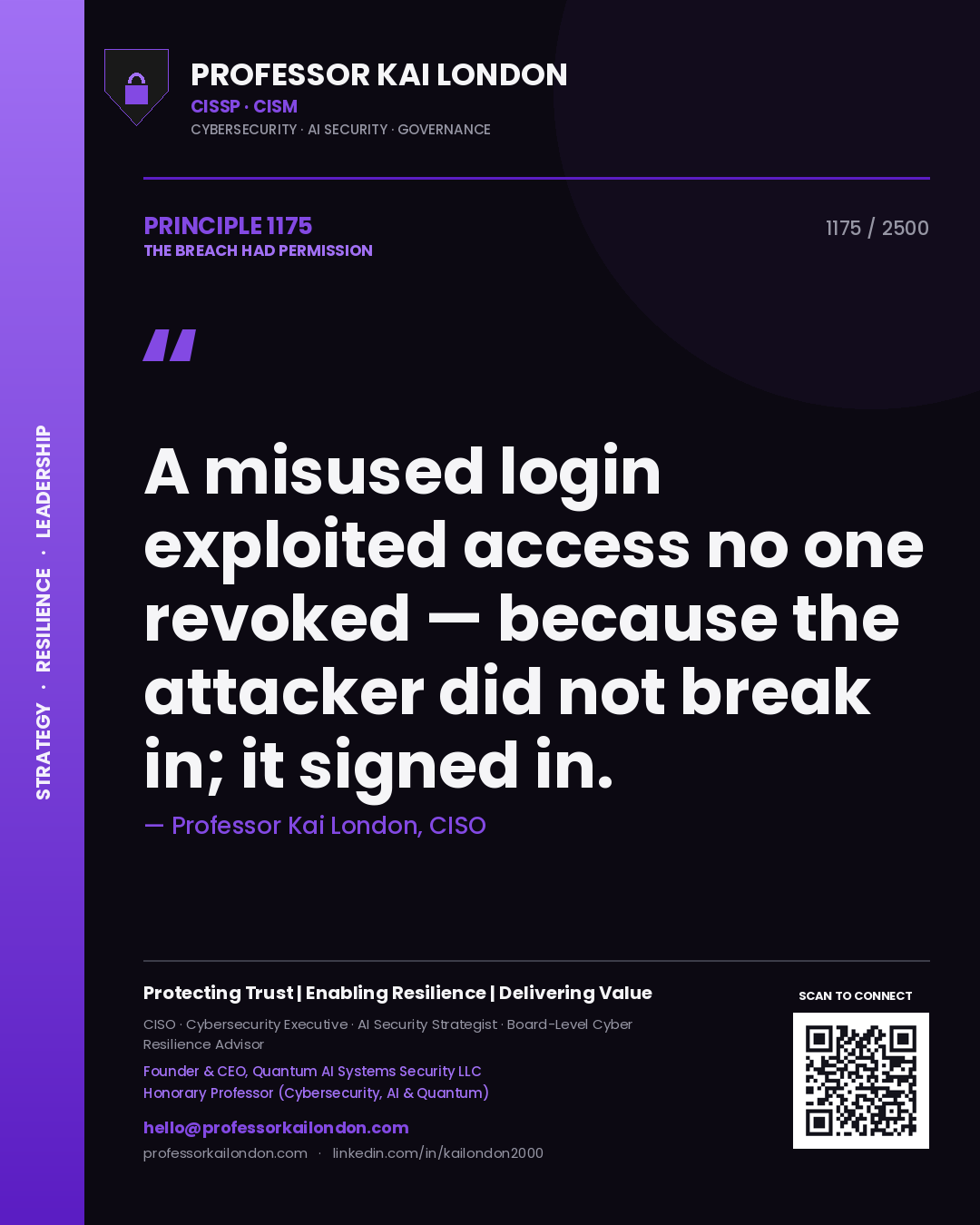 Quote card by Professor Kai London reading 'A misused login exploited access no one revoked — because the attacker did not break in; it signed in.'. From the book The Breach Had Permission.