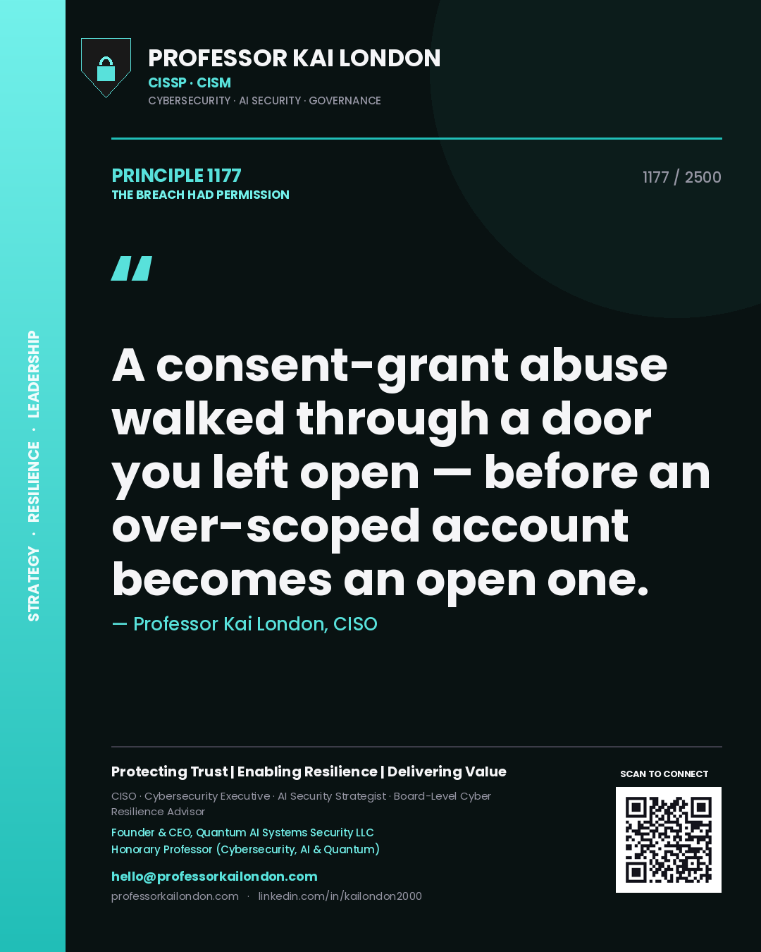 Quote card by Professor Kai London reading 'A consent-grant abuse walked through a door you left open — before an over-scoped account becomes an open one.'. From the book The Breach Had Permission.