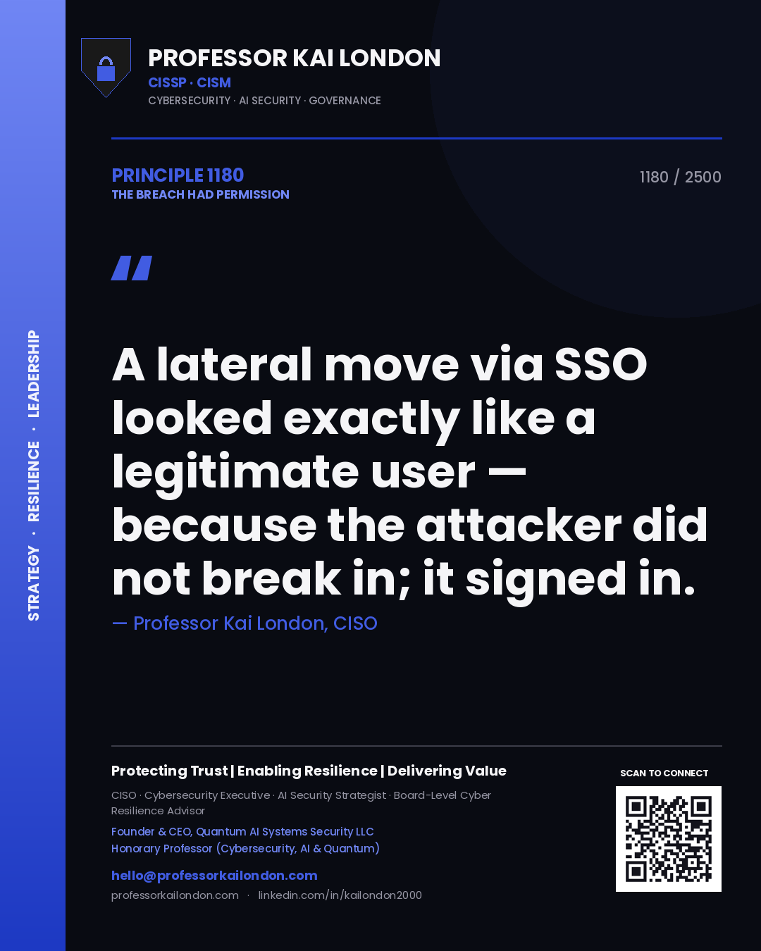Quote card by Professor Kai London reading 'A lateral move via SSO looked exactly like a legitimate user — because the attacker did not break in; it signed in.'. From the book The Breach Had Permission.