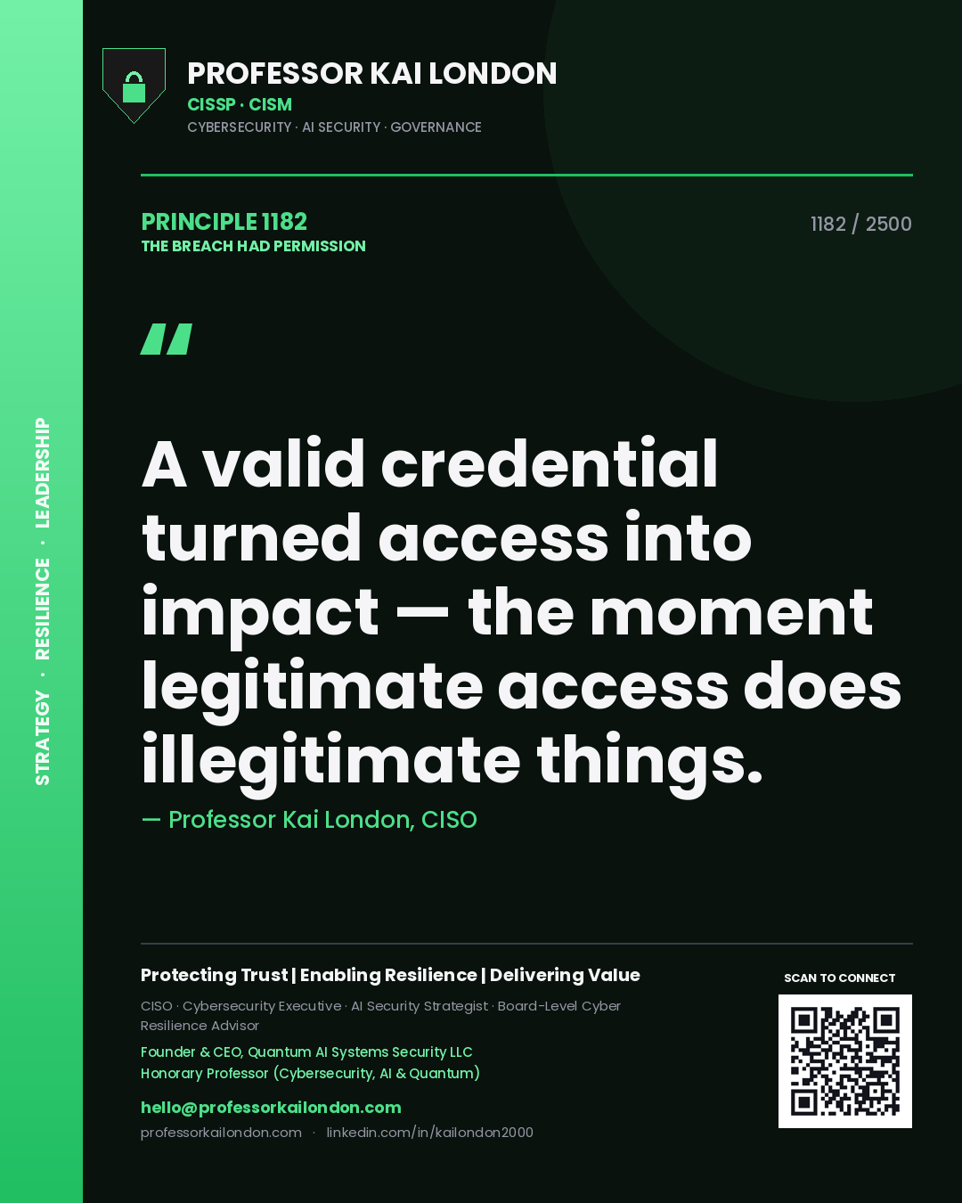 Quote card by Professor Kai London reading 'A valid credential turned access into impact — the moment legitimate access does illegitimate things.'. From the book The Breach Had Permission.